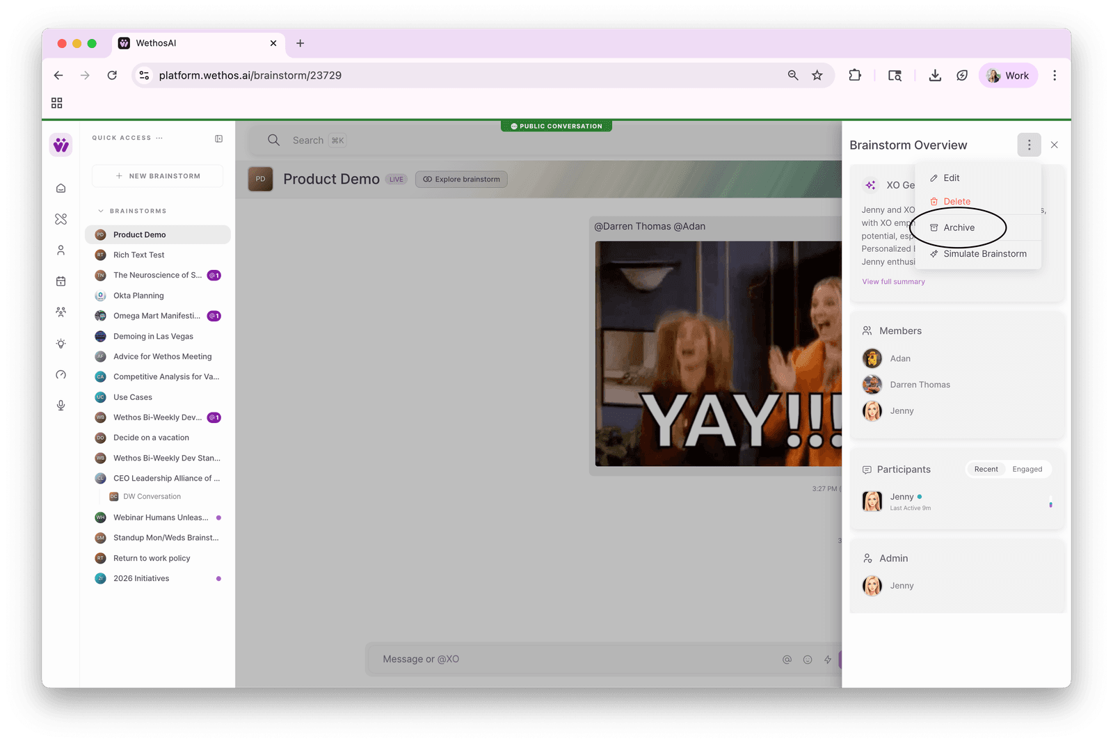 A brainstorm overview menu with the new Archive option highlighted