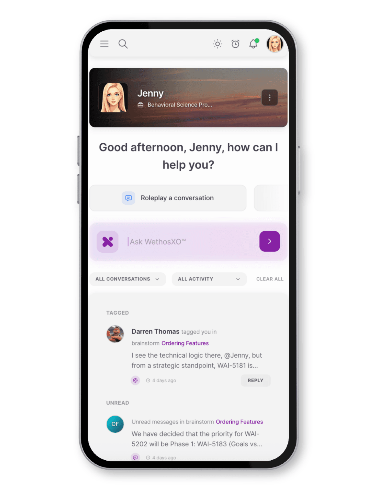 The WethosAI mobile app dashboard showing recent activity and quick actions