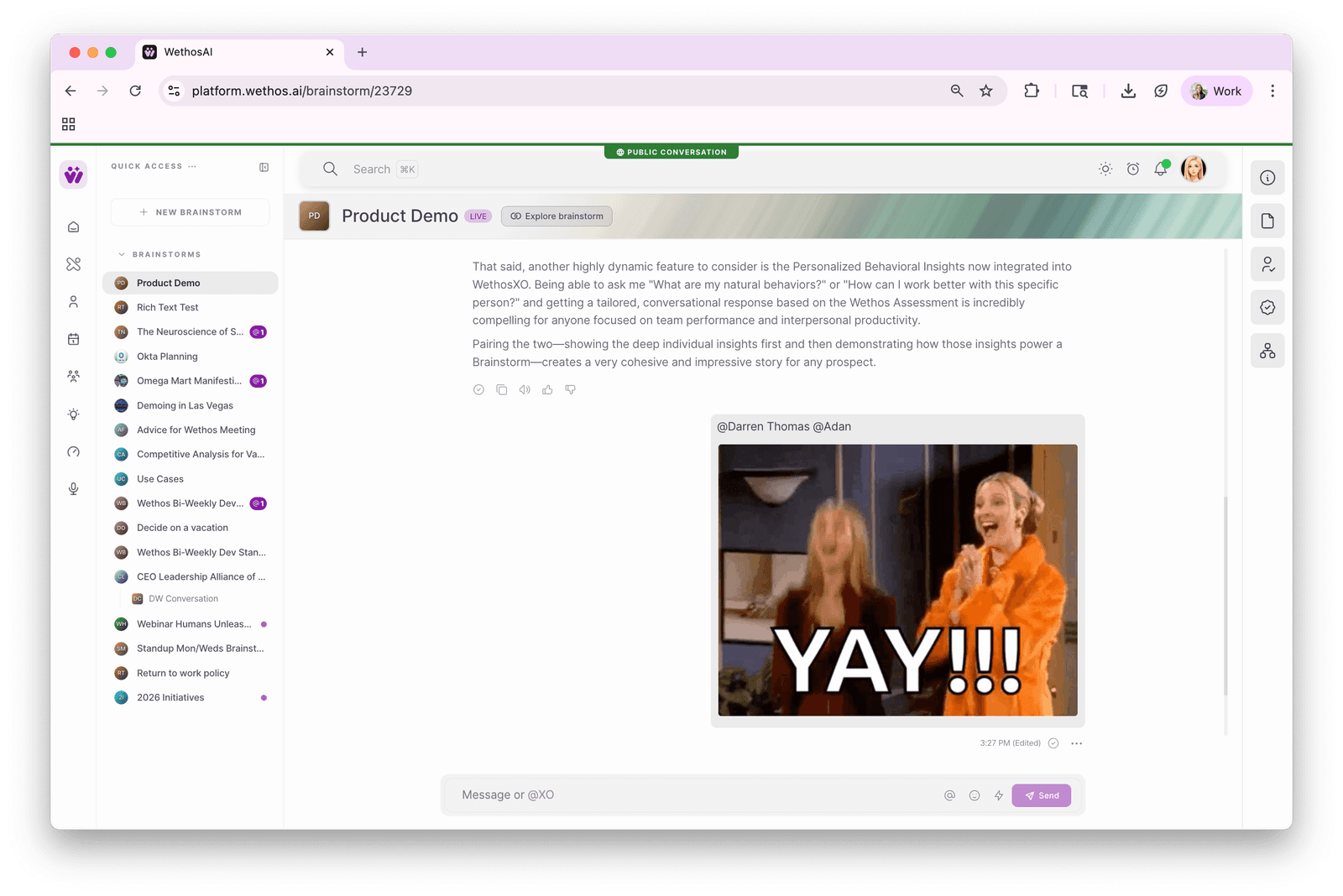 A brainstorm conversation with a GIF reaction sent through the new emoji and GIF picker