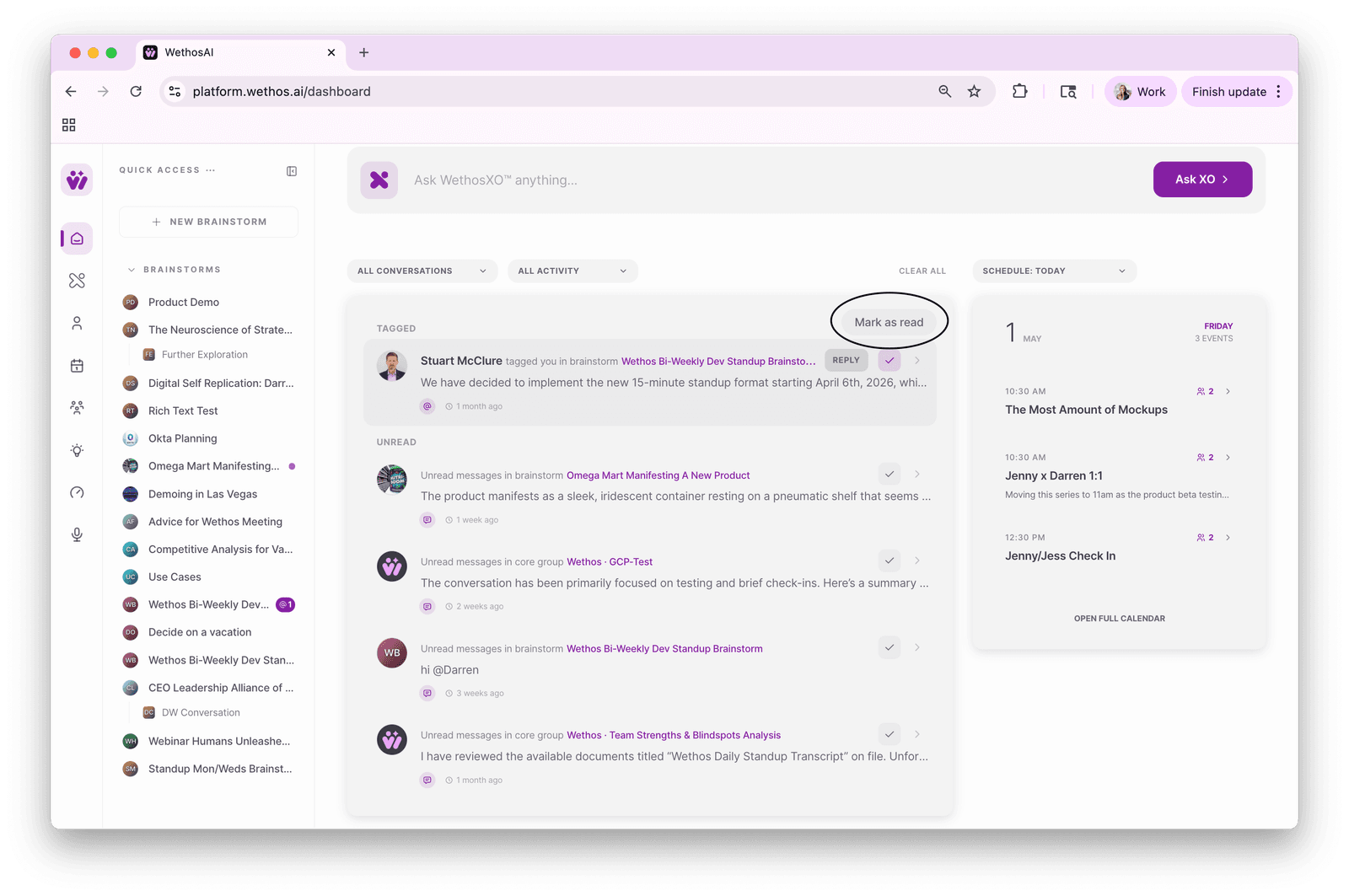 The dashboard with a tagged message reply automatically clearing related unread notifications