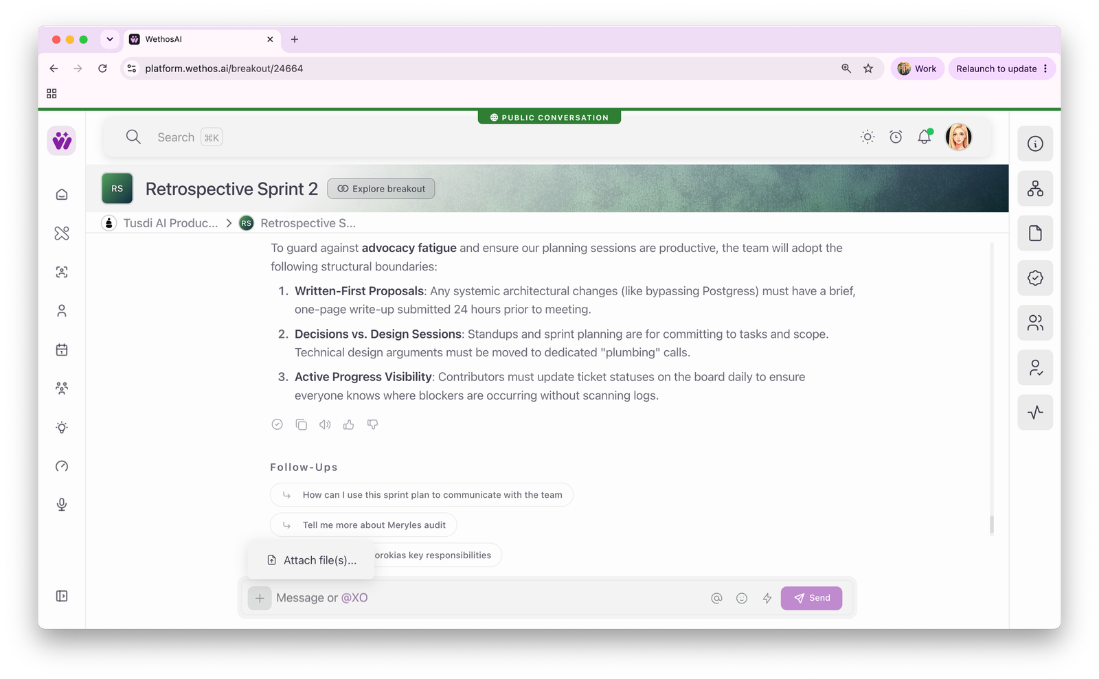 The Attach file(s) option open from the plus menu in a Breakout conversation