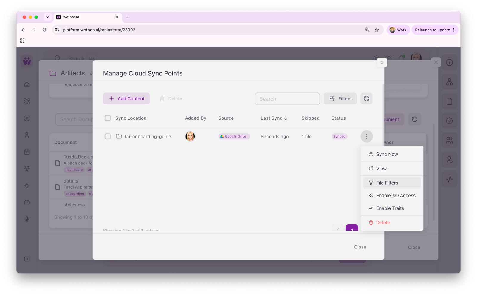The Manage Cloud Sync Points dialog with a synced Google Drive folder and its menu open on File Filters