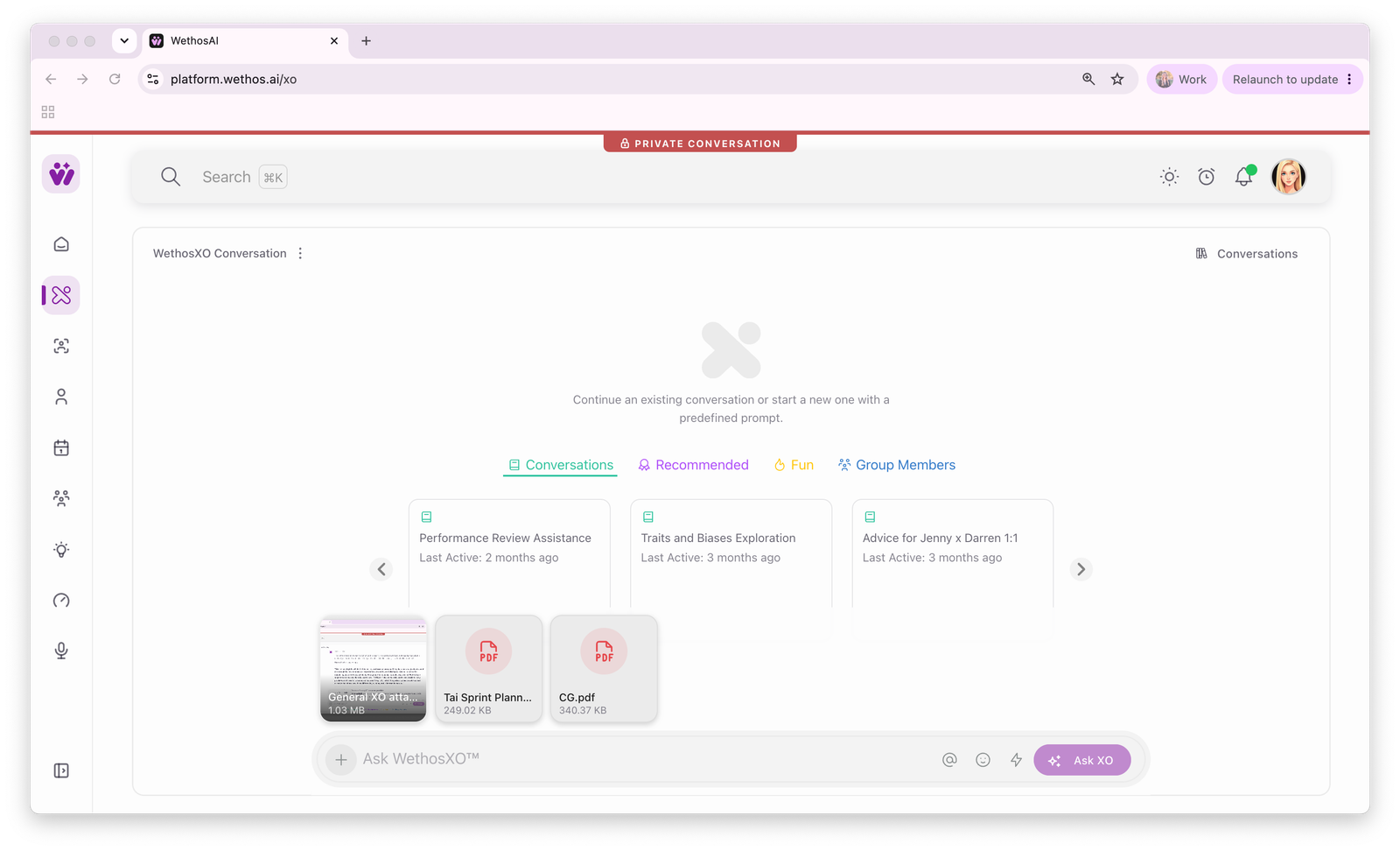 Three files dropped onto a WethosXO conversation, shown as thumbnails above the message box