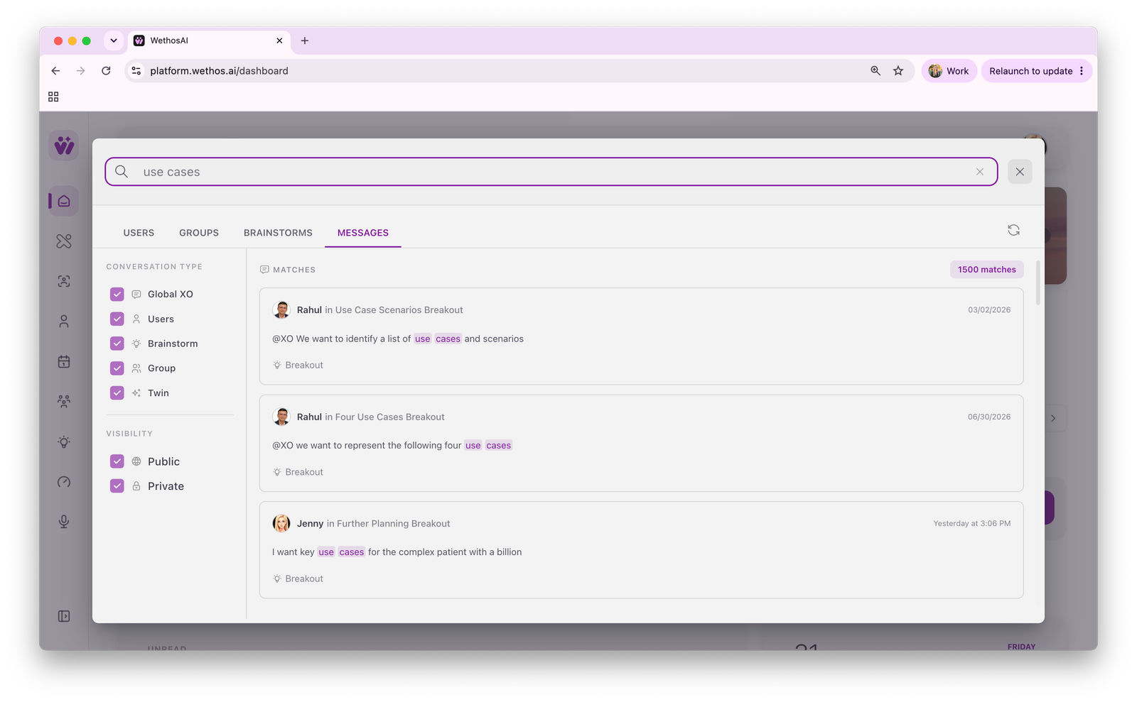 Global search results for “use cases” on the Messages tab, with conversation-type and visibility filters down the left