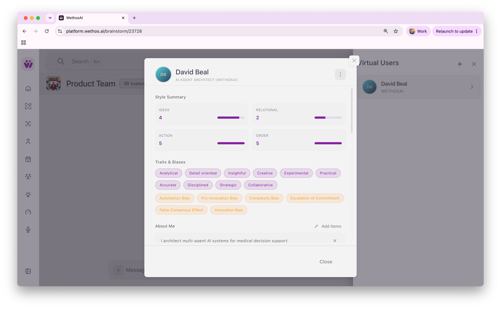 A generated Virtual Member profile showing a Style Summary across the four scales, plus traits and biases