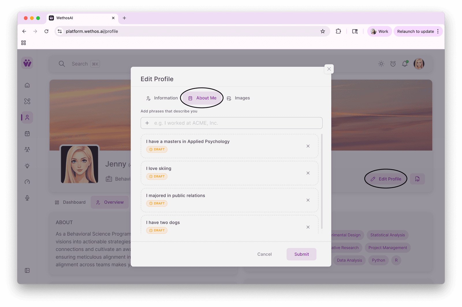 The profile editor with the new About Me tab, letting users add personal phrases