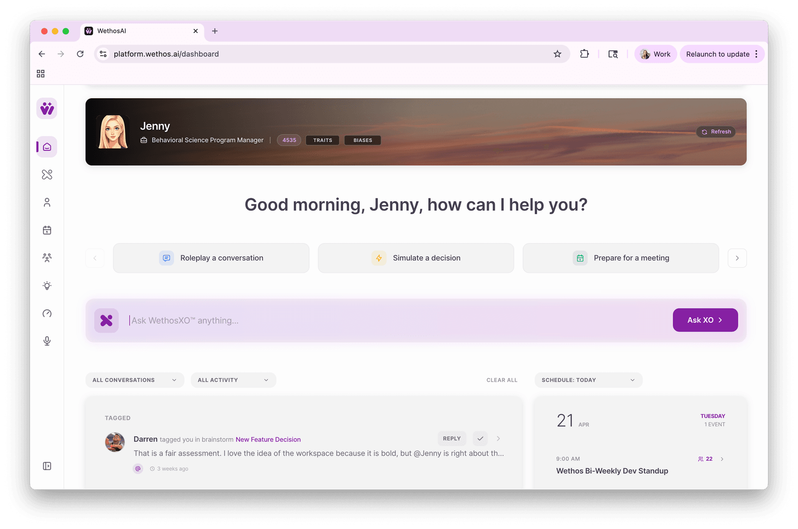 The redesigned WethosAI dashboard showing recent activity, upcoming meetings, and quick actions