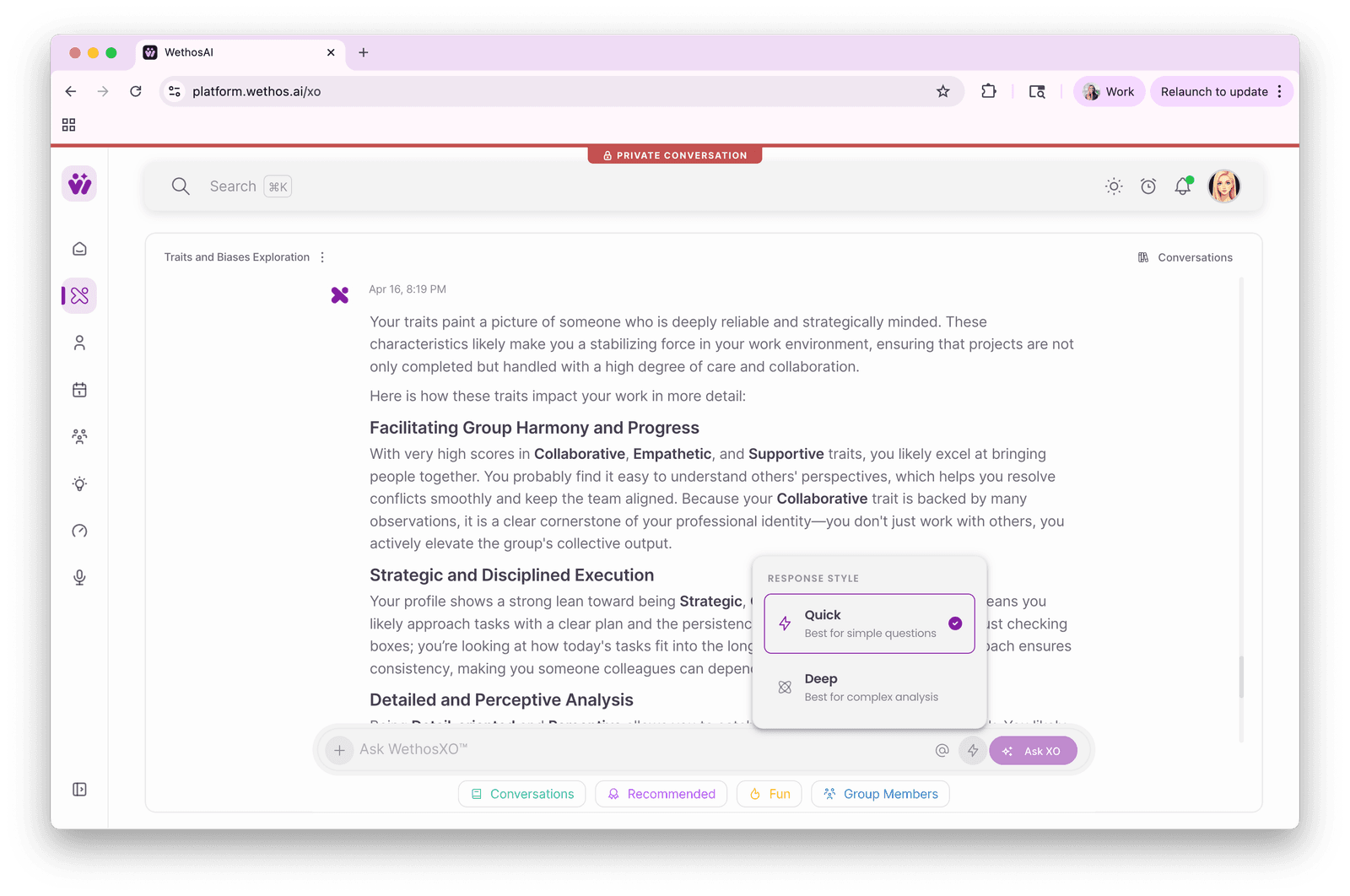 The XO chat interface with a popover offering Quick and Deep response style modes