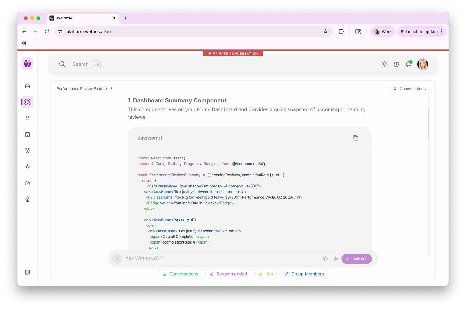 A brainstorm showing XO responding with a formatted React code snippet with syntax highlighting