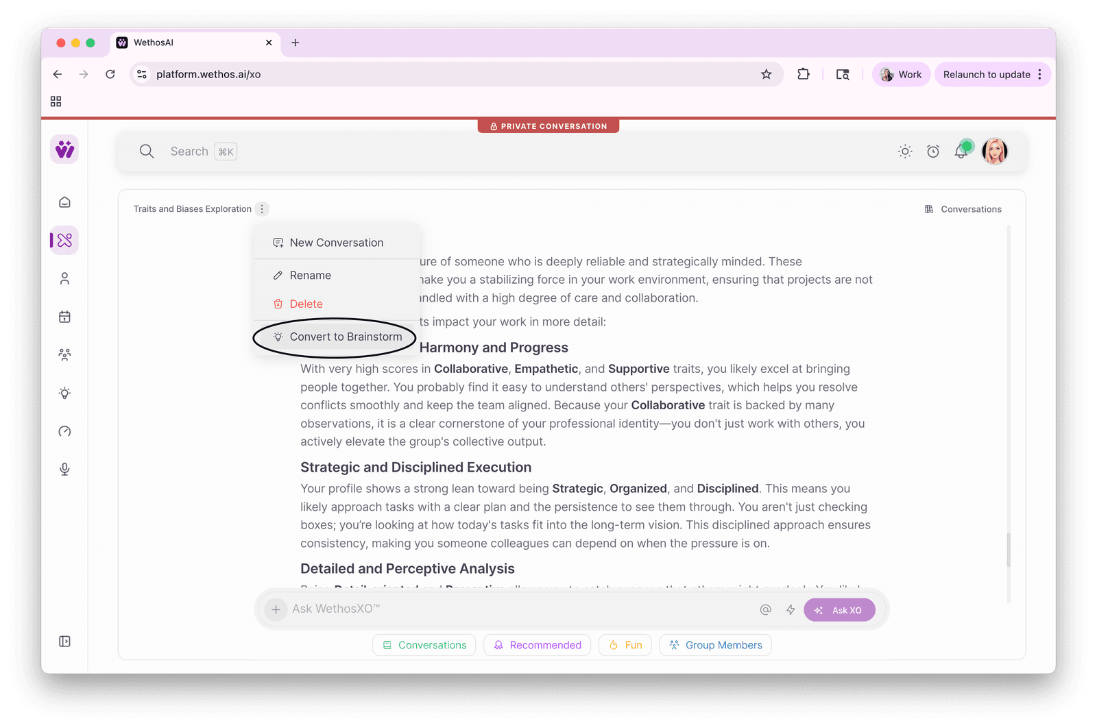A private conversation menu showing the Convert to Brainstorm option
