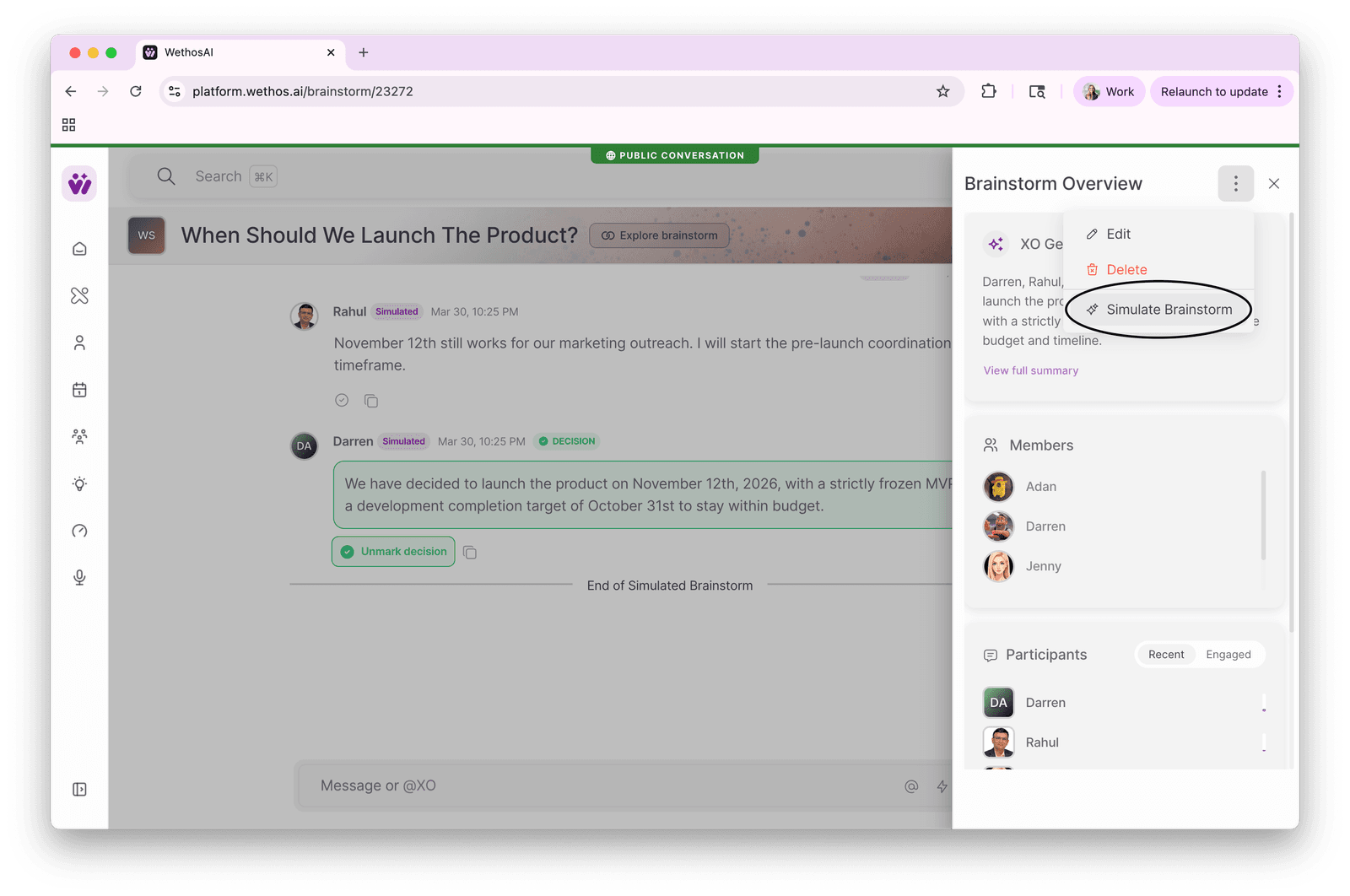 The Brainstorm Overview panel with its menu open and Simulate Brainstorm highlighted