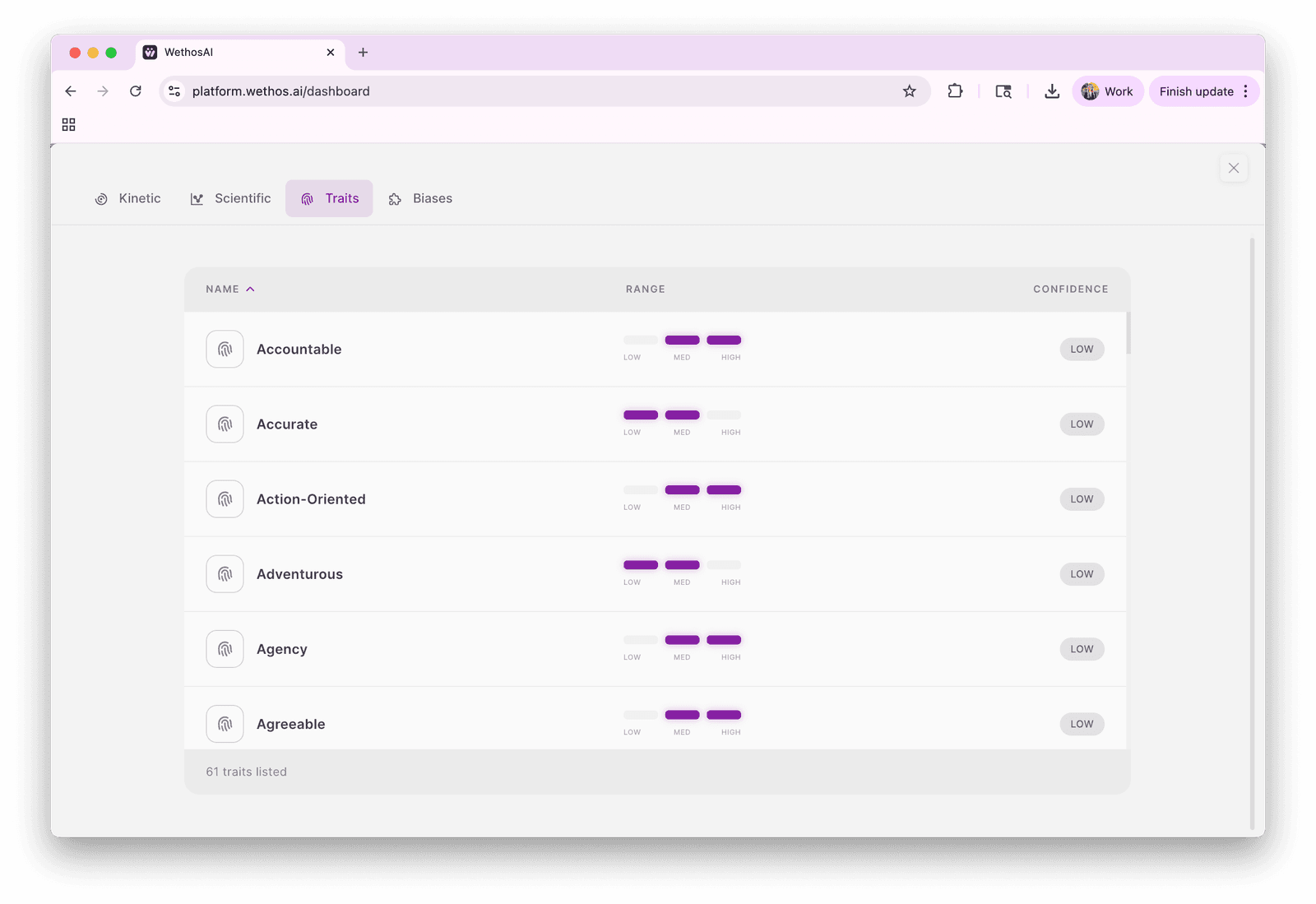The expanded Traits catalog shown as a sortable list with a range and confidence for each trait