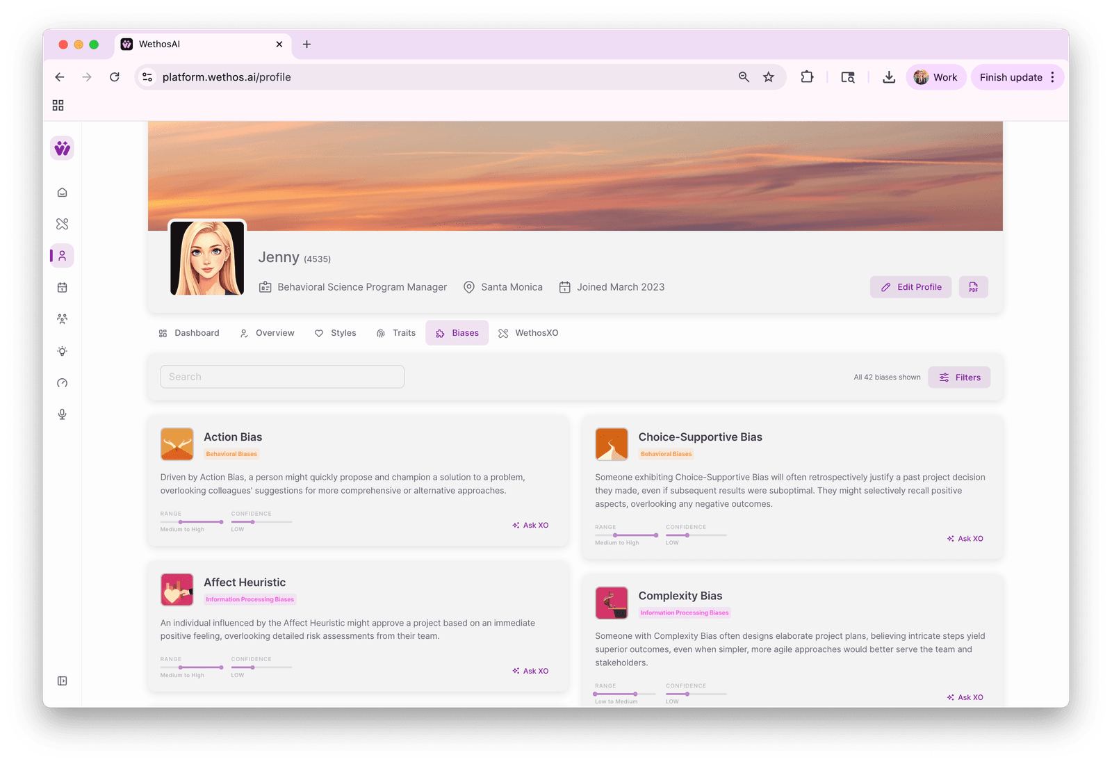 Biases shown as visual cards on a user profile, each with a category label, range, and confidence