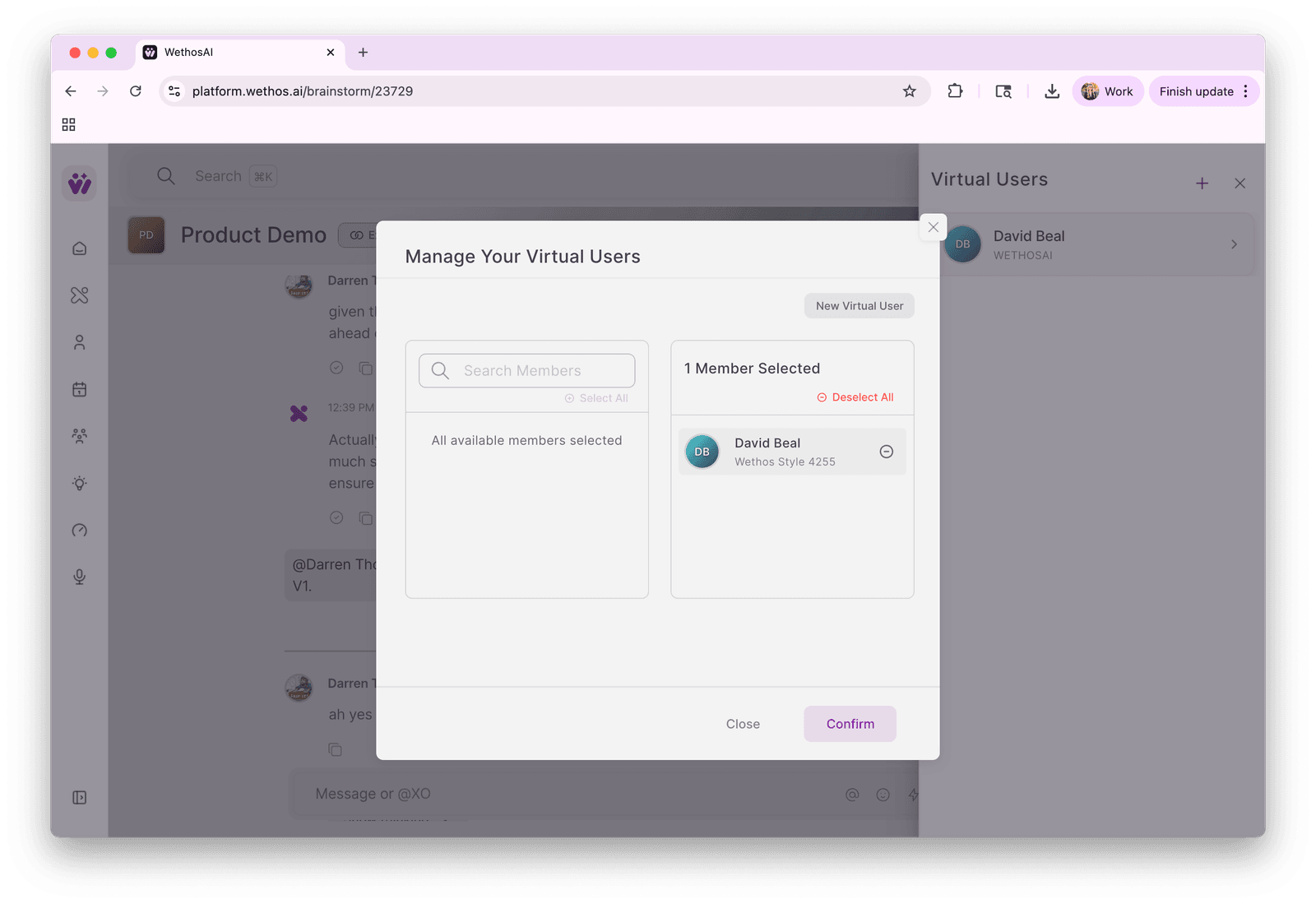 The Manage Your Virtual Users dialog in a brainstorm, adding a virtual member with a generated working style