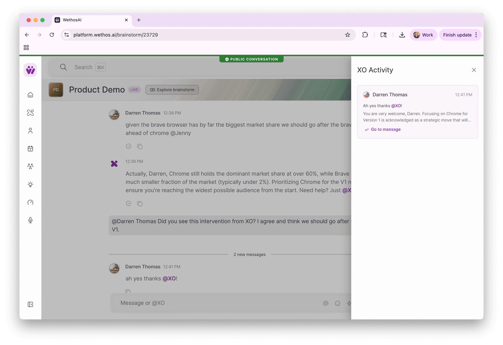 The XO Activity sidebar open in a brainstorm, showing XO's reasoning with a link to jump to a message