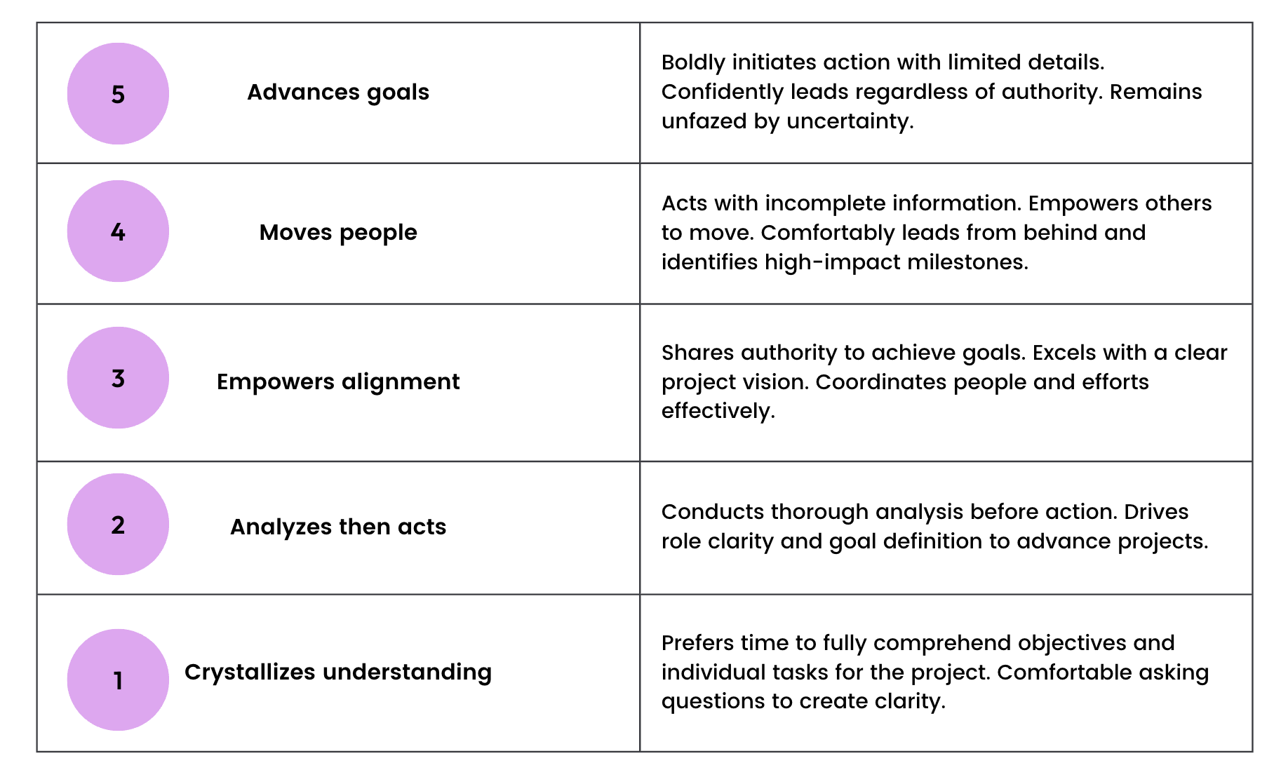The five positions on the Action dimension, from 5, Advances goals, to 1, Crystallizes understanding