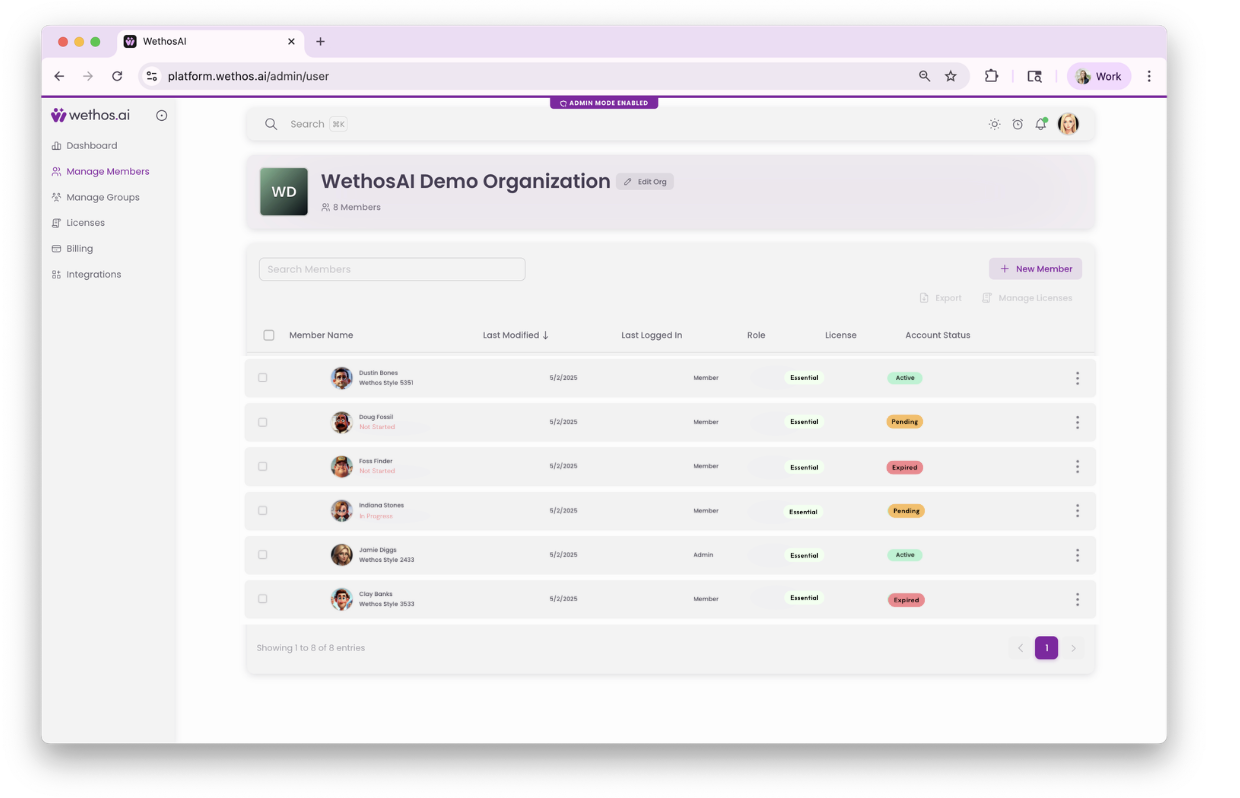 The Manage Members page, with the Account Status column on the right