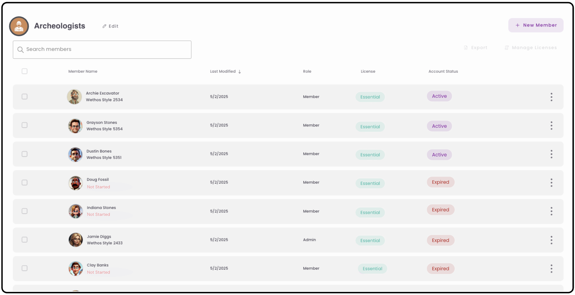 The Manage Members page, with Expired shown in the Account Status column