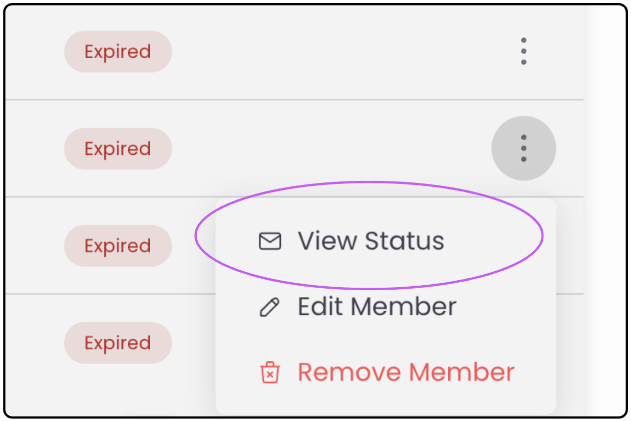 The three-dot menu next to an expired member, with View Status highlighted
