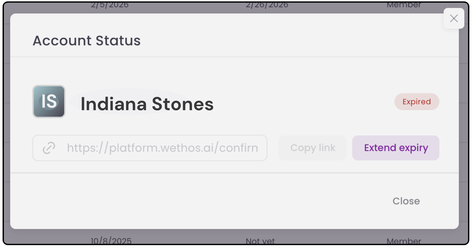 The Account Status dialog, with the Extend expiry button