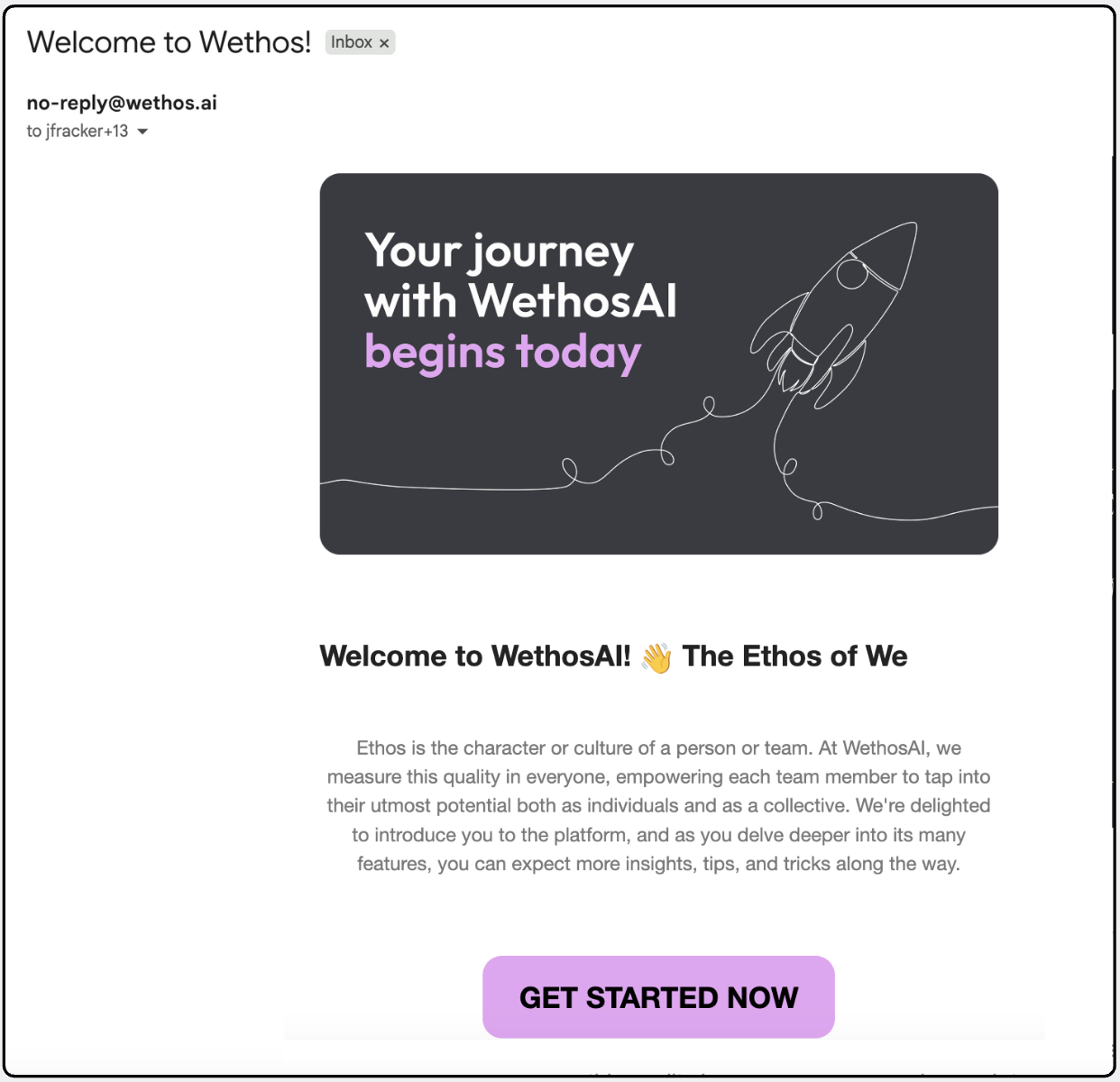 The welcome email the member receives, with the Get Started Now button