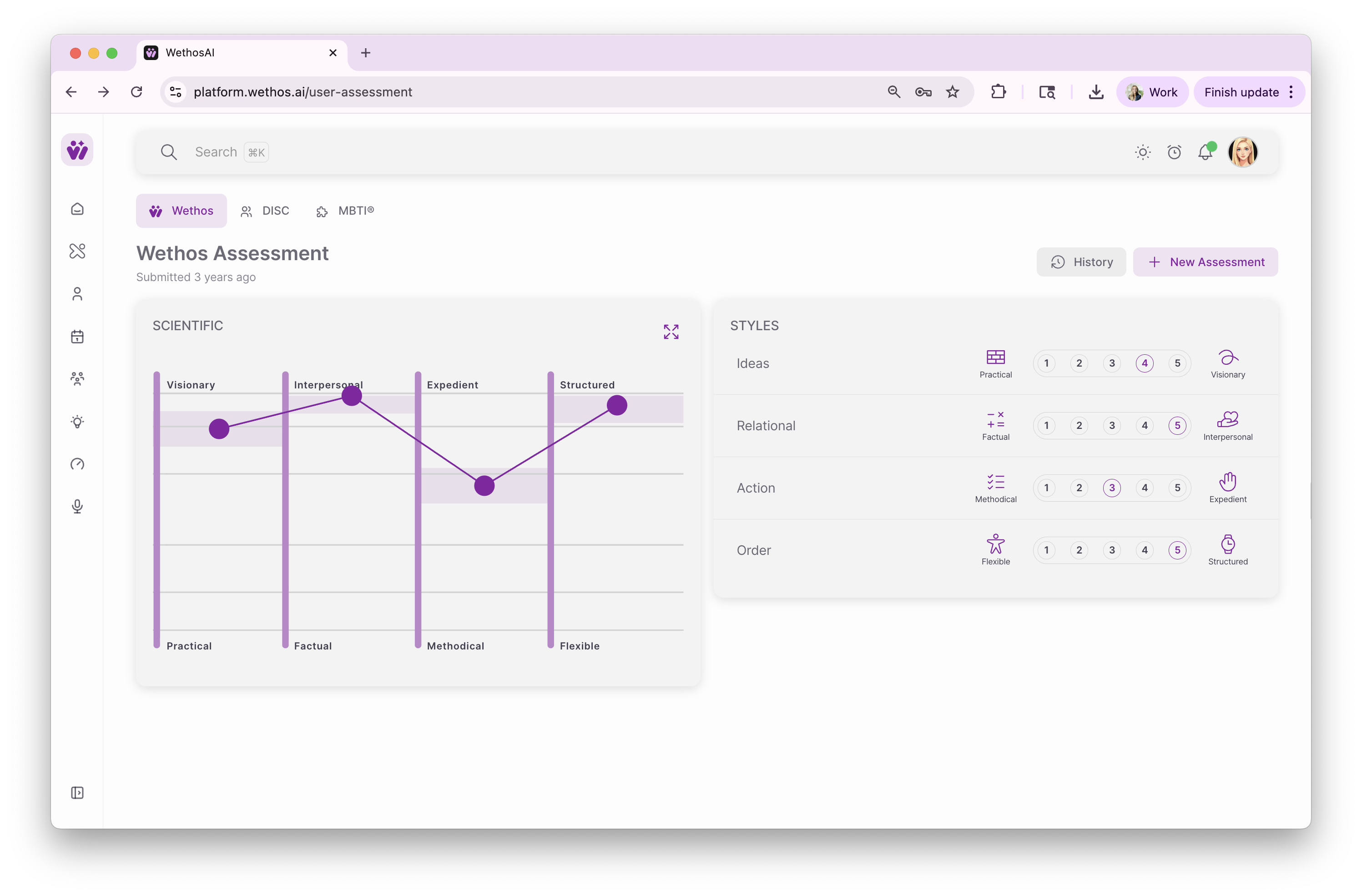 The My Assessments page, showing your current profile, with the History and New Assessment buttons at the top right
