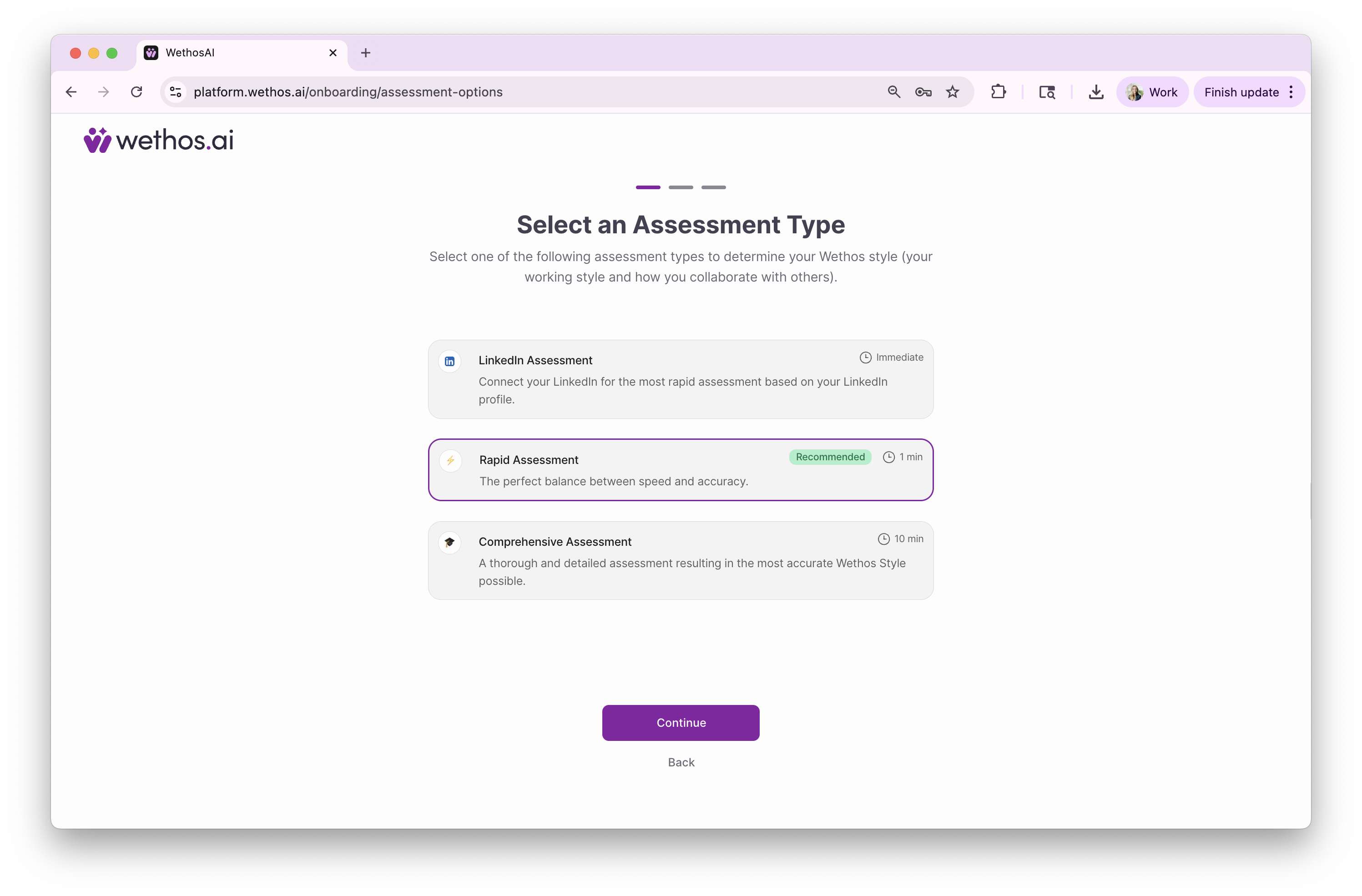 The Select an Assessment Type screen, with the LinkedIn, Rapid and Comprehensive options