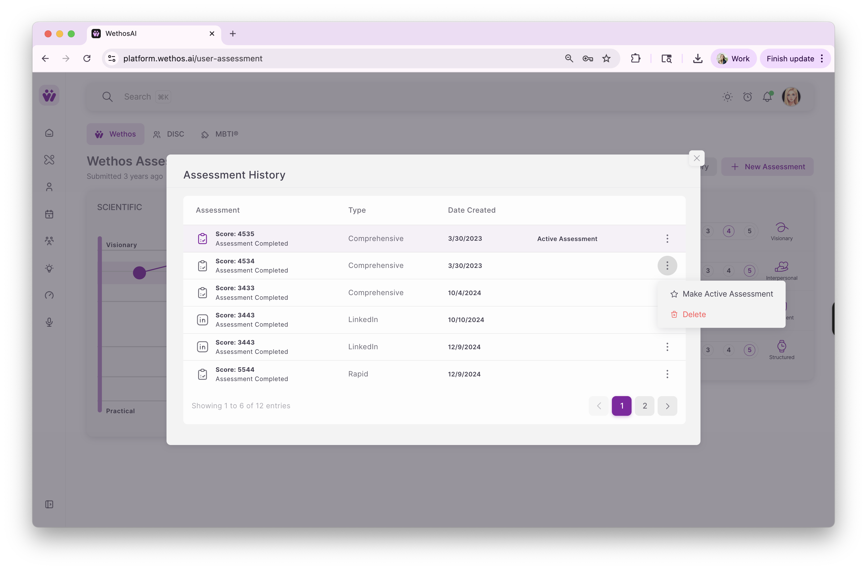 The Assessment History list, with a version's menu open showing Make Active Assessment and Delete