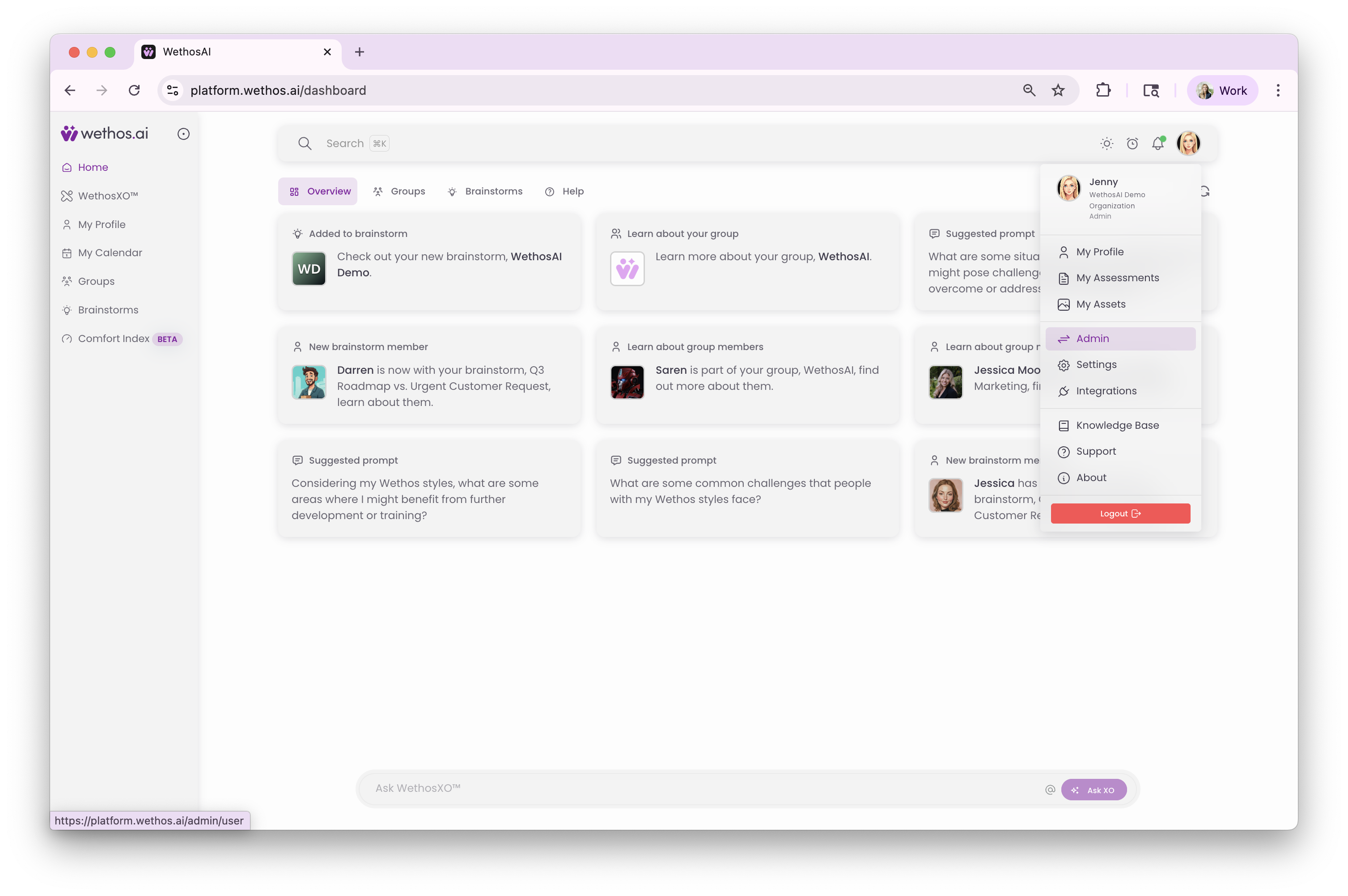 The menu that opens from your profile picture, with Admin highlighted