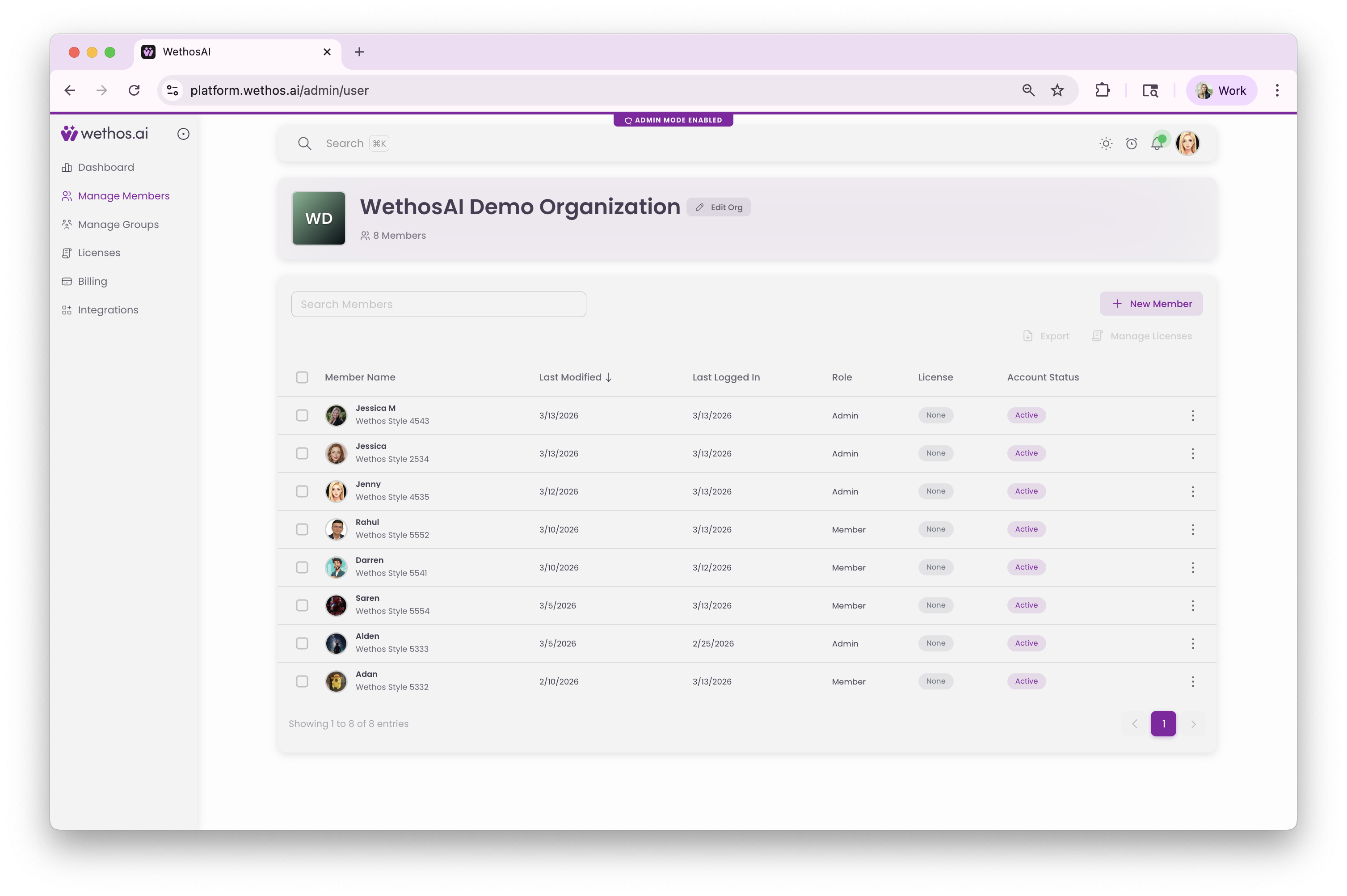 The Manage Members page in the Admin panel, listing the organization's members