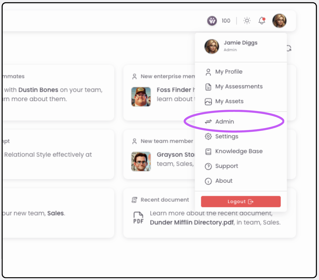 The menu that opens from your profile picture, with Admin highlighted