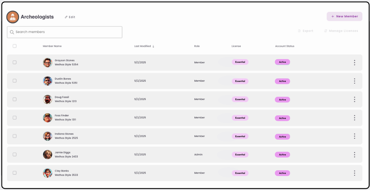 The Manage Members page, listing members and their licenses
