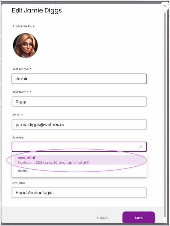 The Edit member dialog, with the License list open