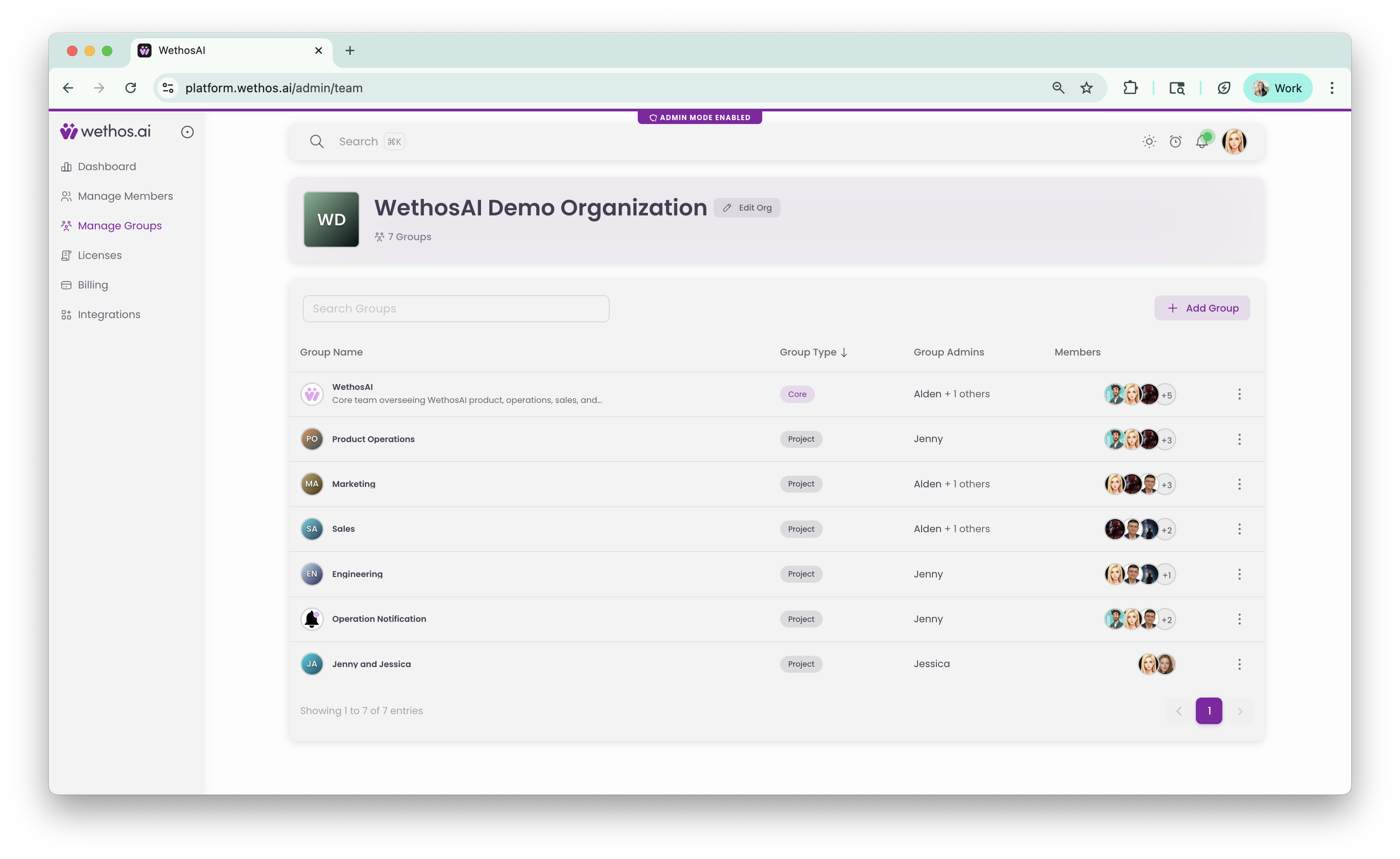 The Manage Groups page in the Admin panel