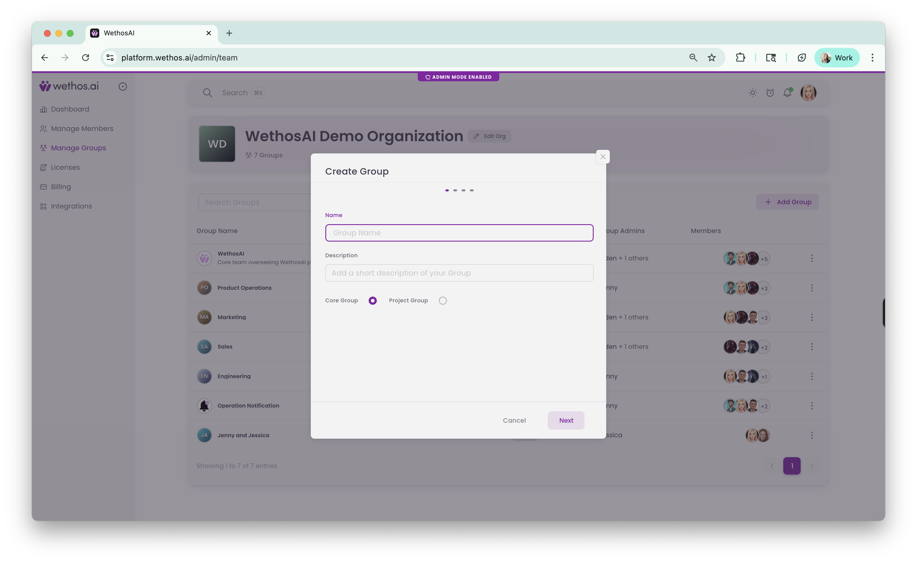 The Create Group dialog: name, description, and the choice between Core Group and Project Group