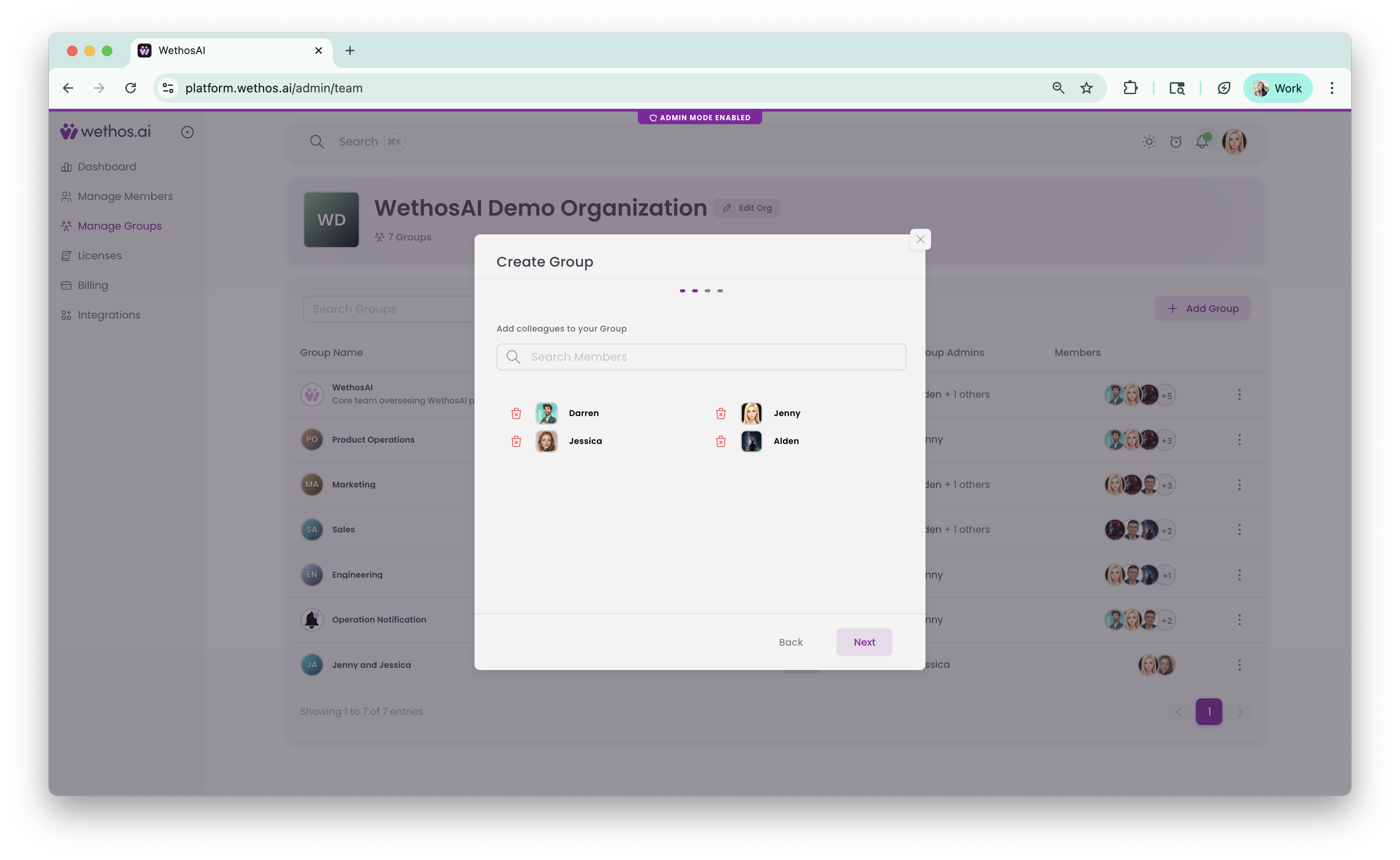 The Create Group dialog: adding members