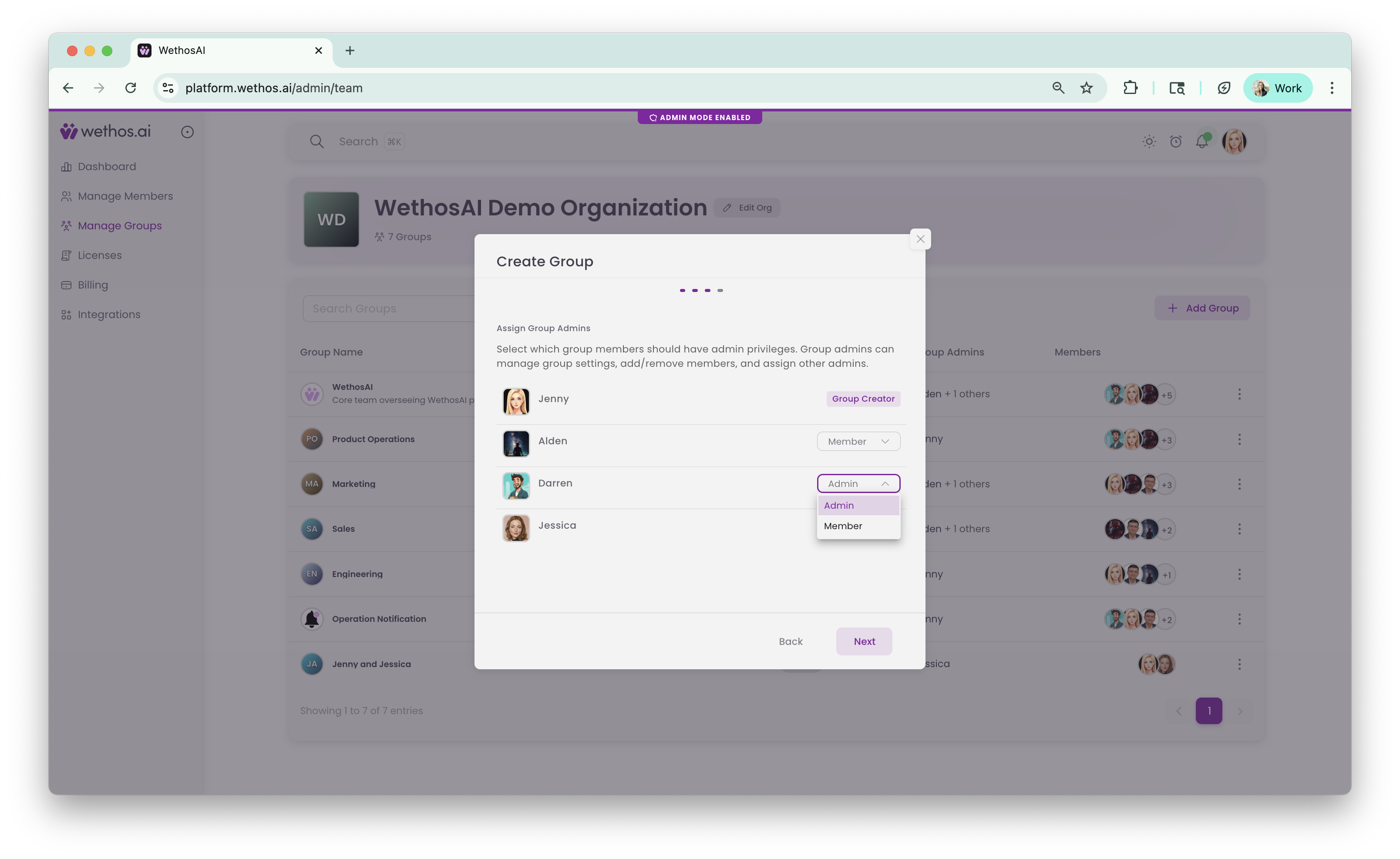 The Create Group dialog: setting each member's role