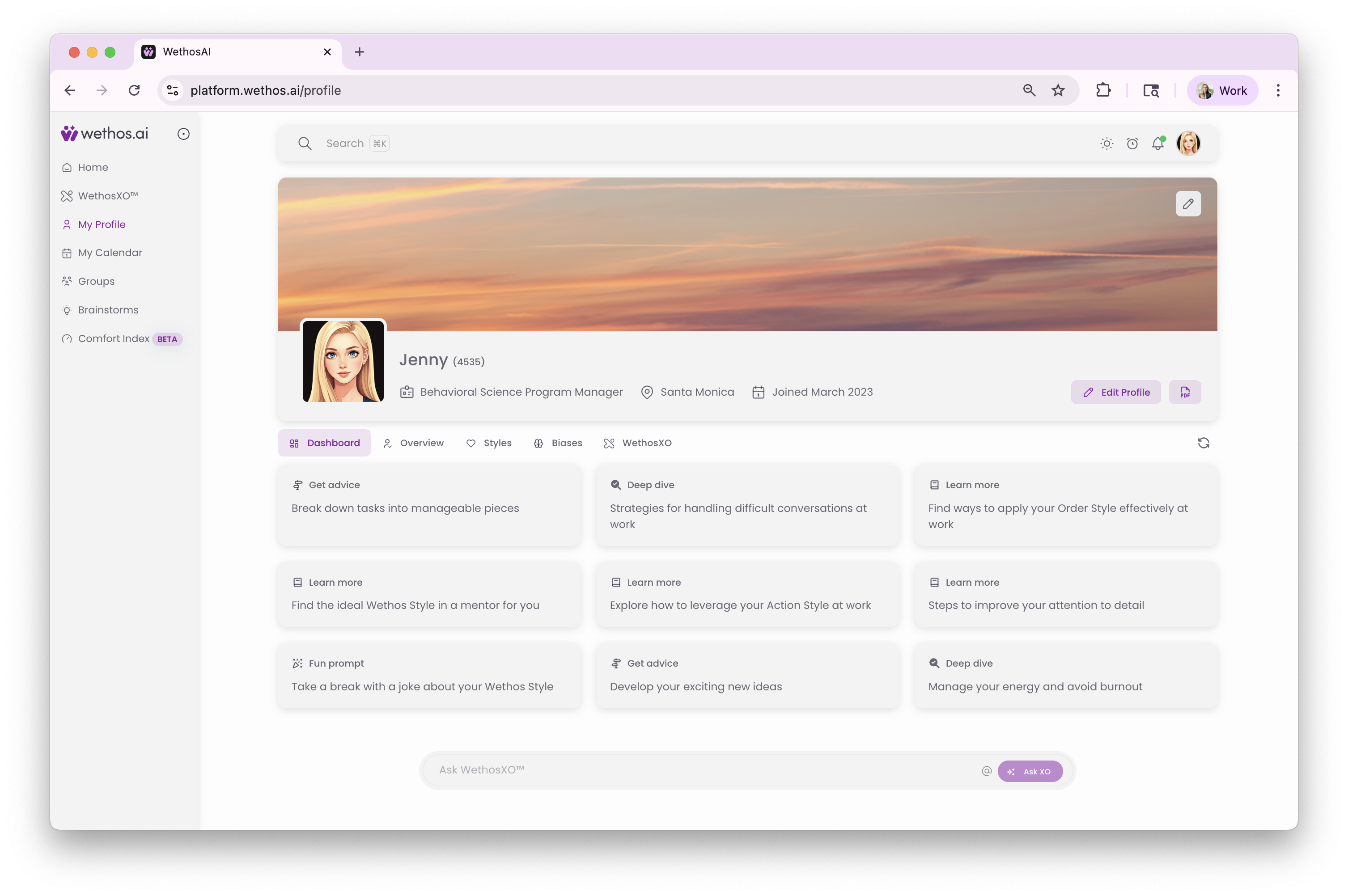 Your profile page, opened from My Profile in the left-hand menu