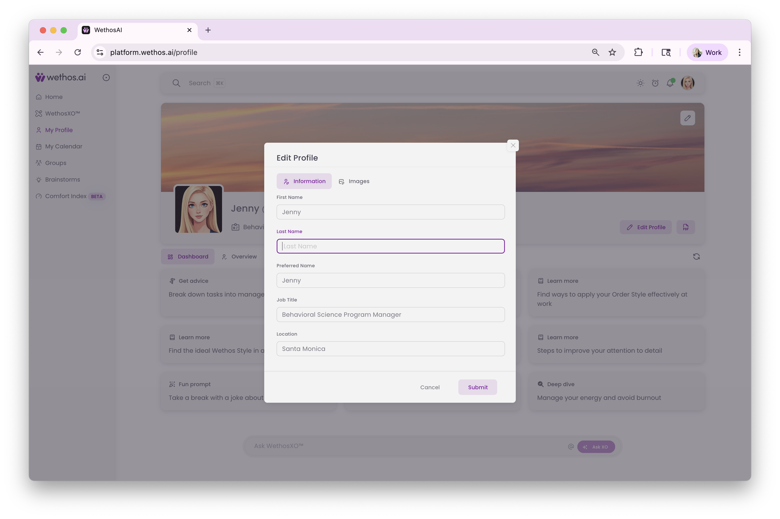 The Edit Profile dialog, open on the Information tab