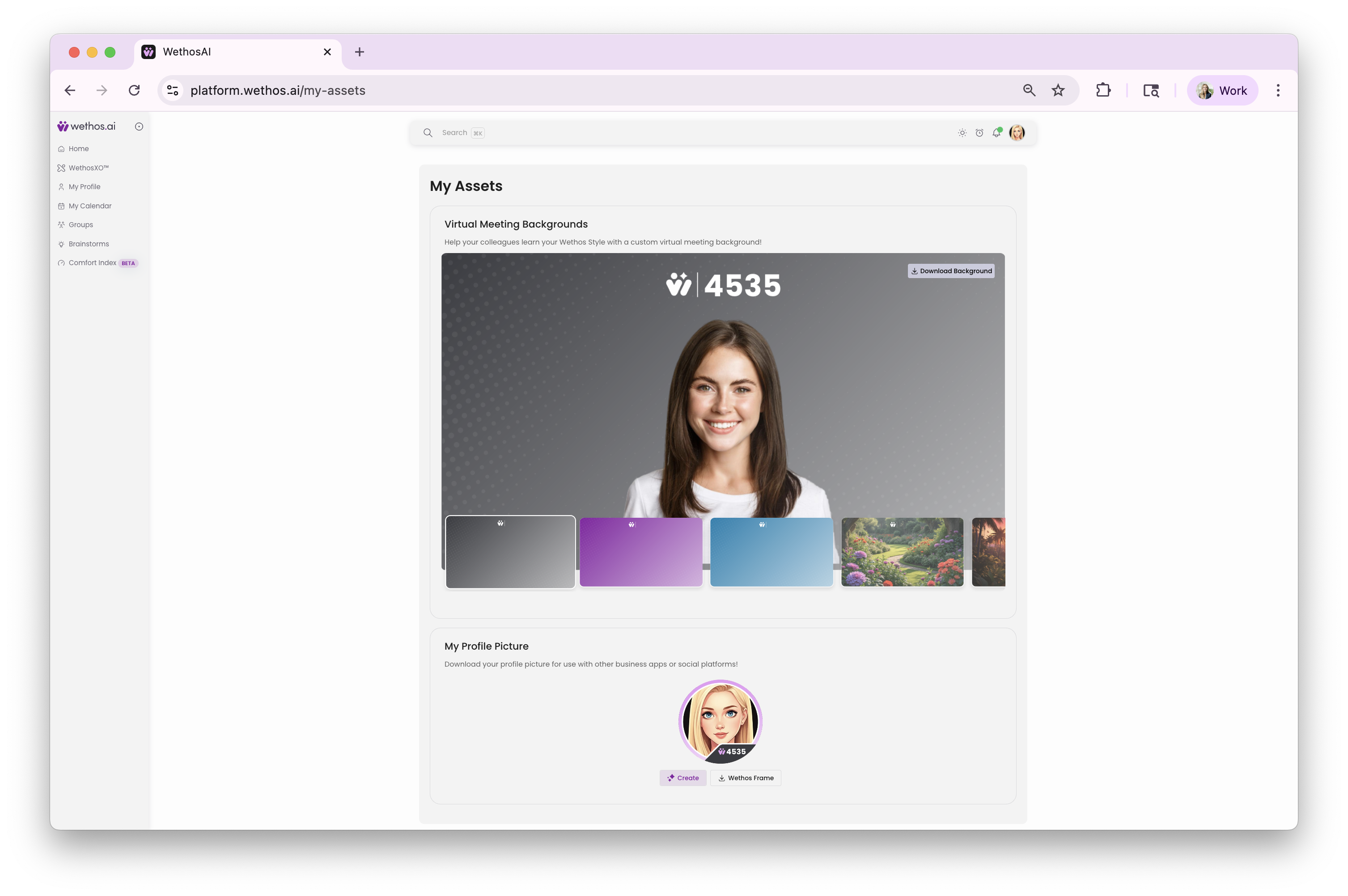 The My Assets page, with virtual meeting backgrounds built from your profile