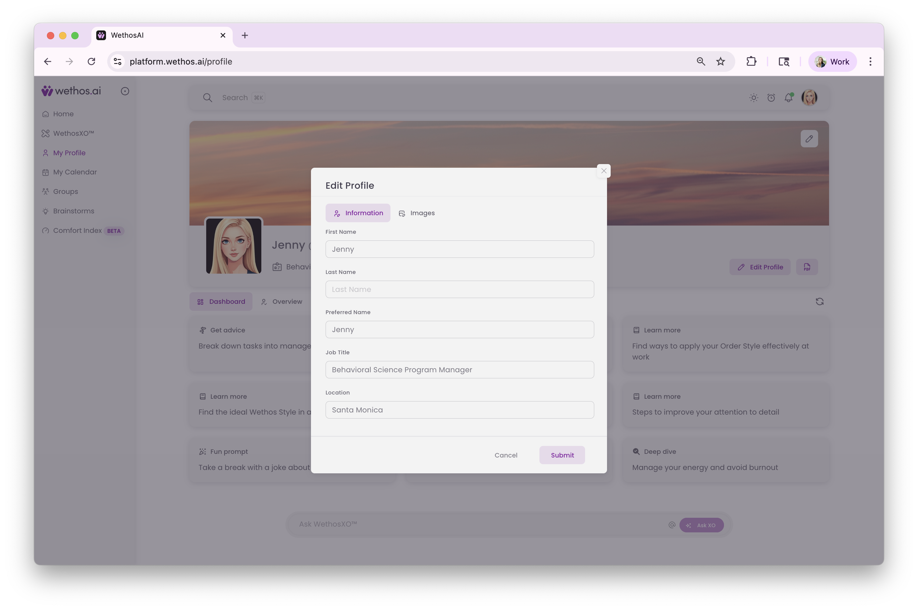 The Edit Profile dialog, open on the Images tab