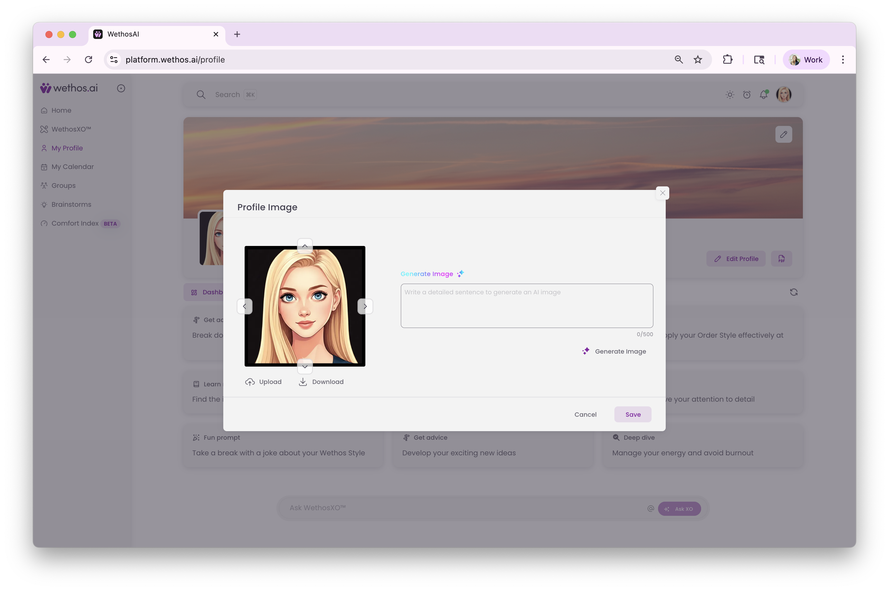 The Profile Image dialog, with the upload and generate options