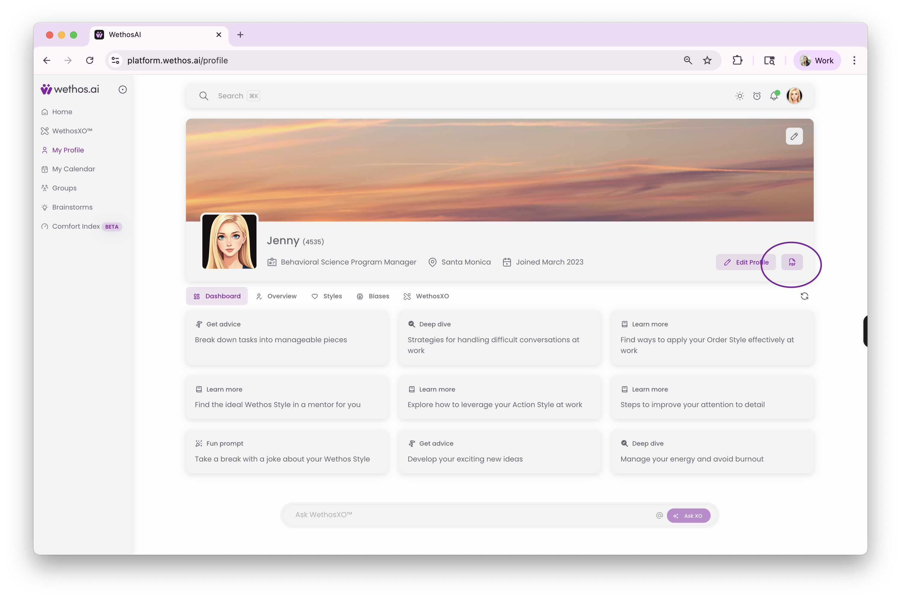 Your profile page, with the PDF icon next to Edit Profile highlighted