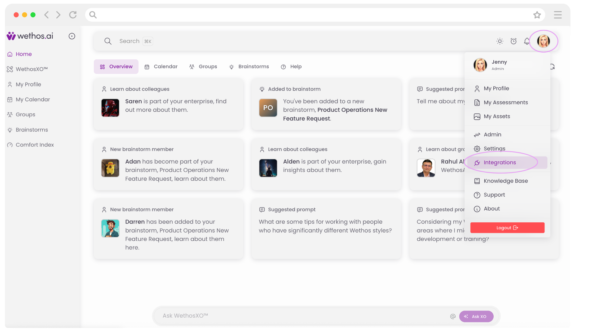 The menu that opens from your profile picture, with Integrations highlighted