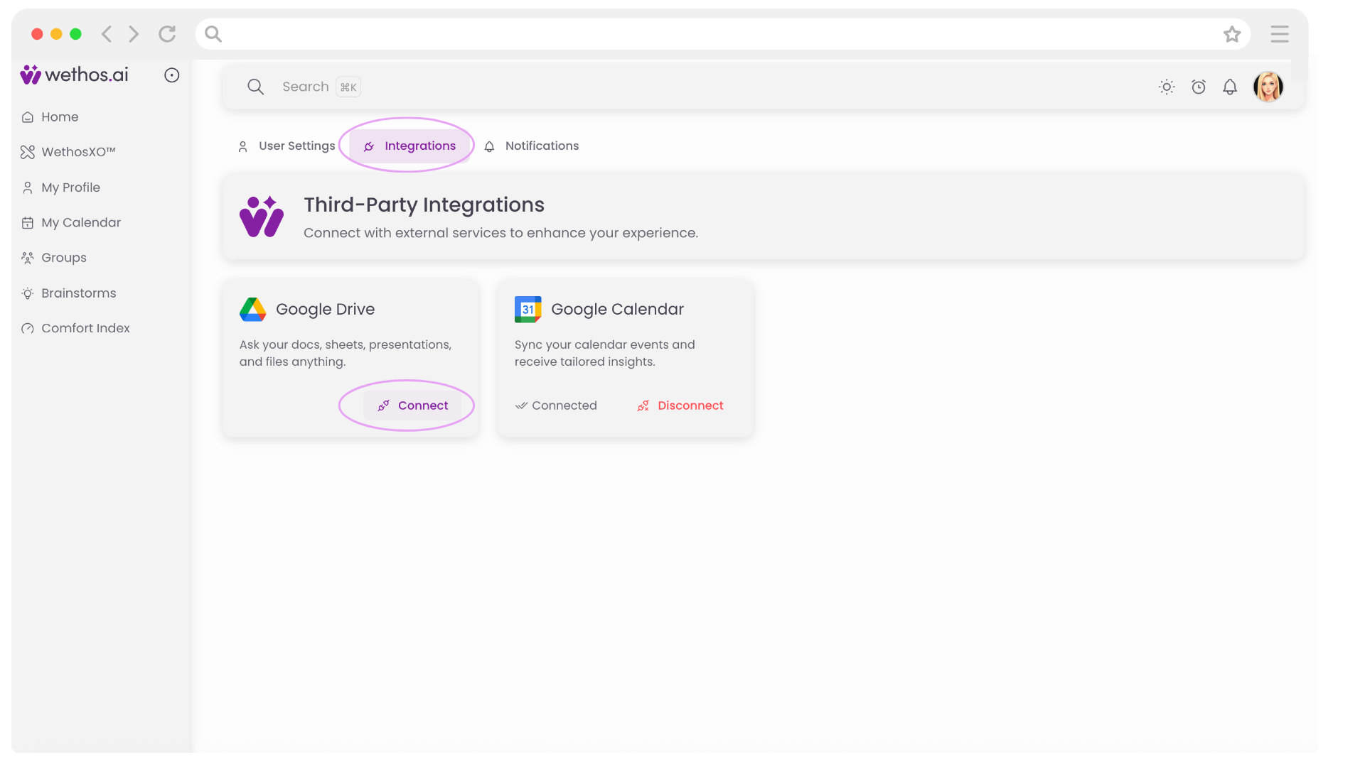 The Third-Party Integrations page, with the Connect button on the Google Drive card