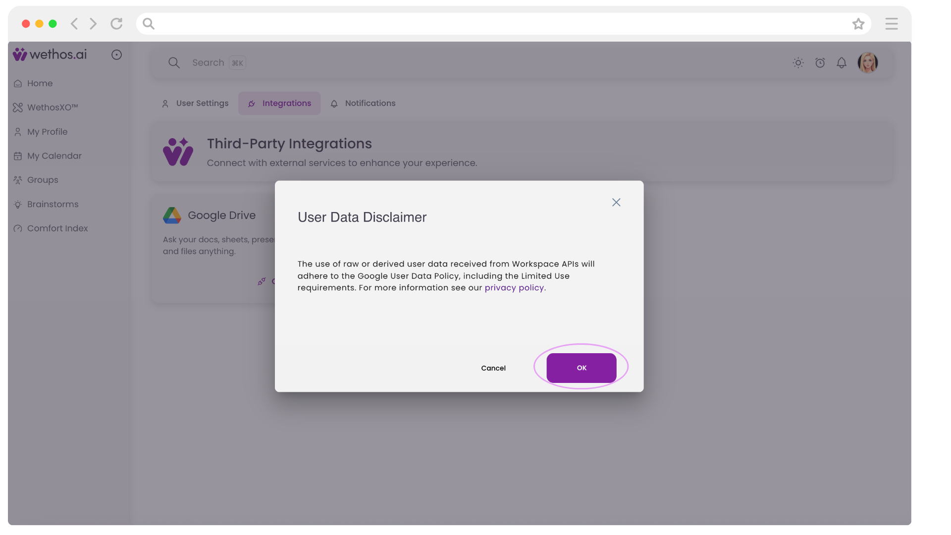 The User Data Disclaimer dialog