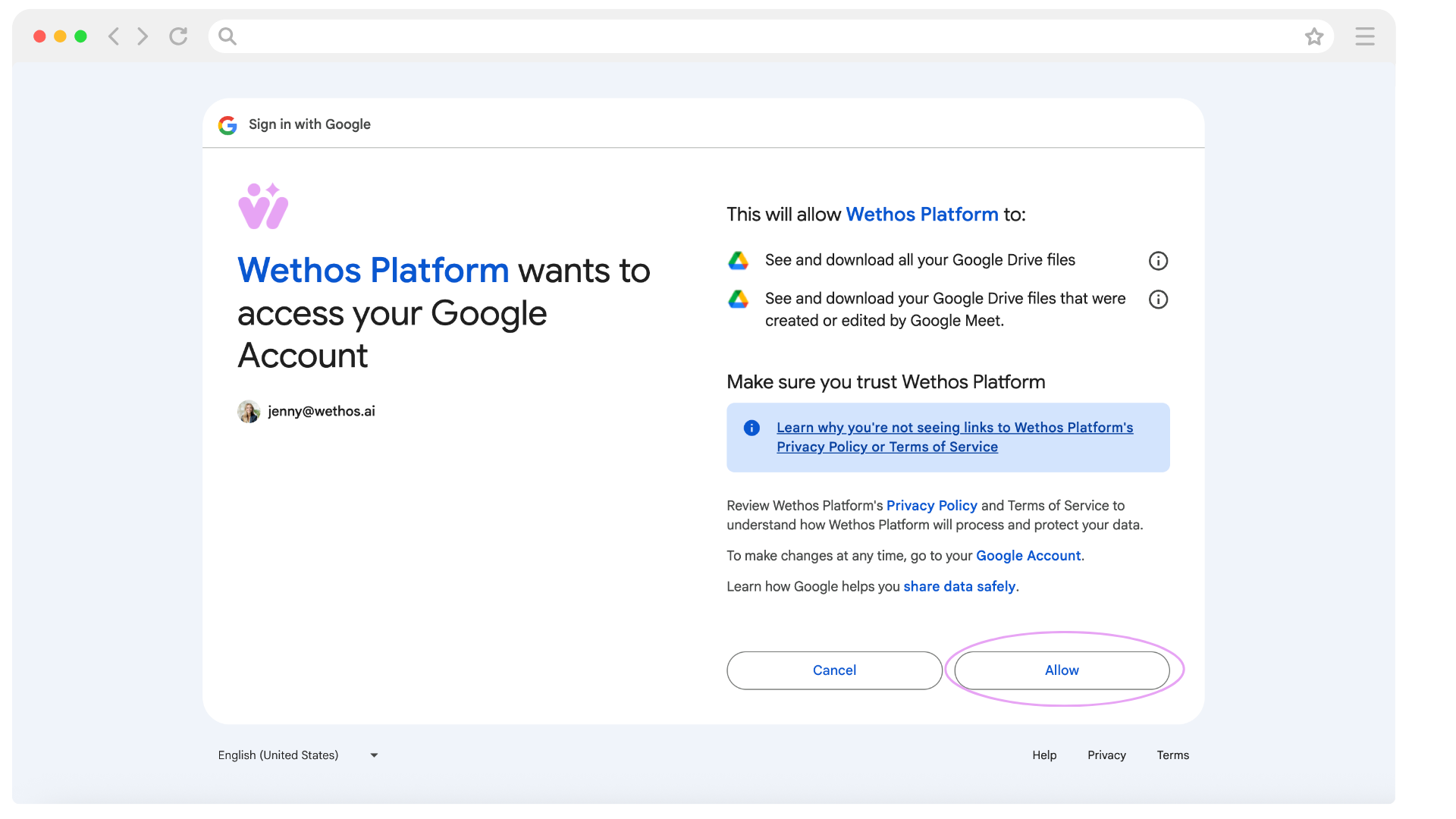 Google's permission screen, listing what Wethos Platform will be allowed to do, with the Allow button