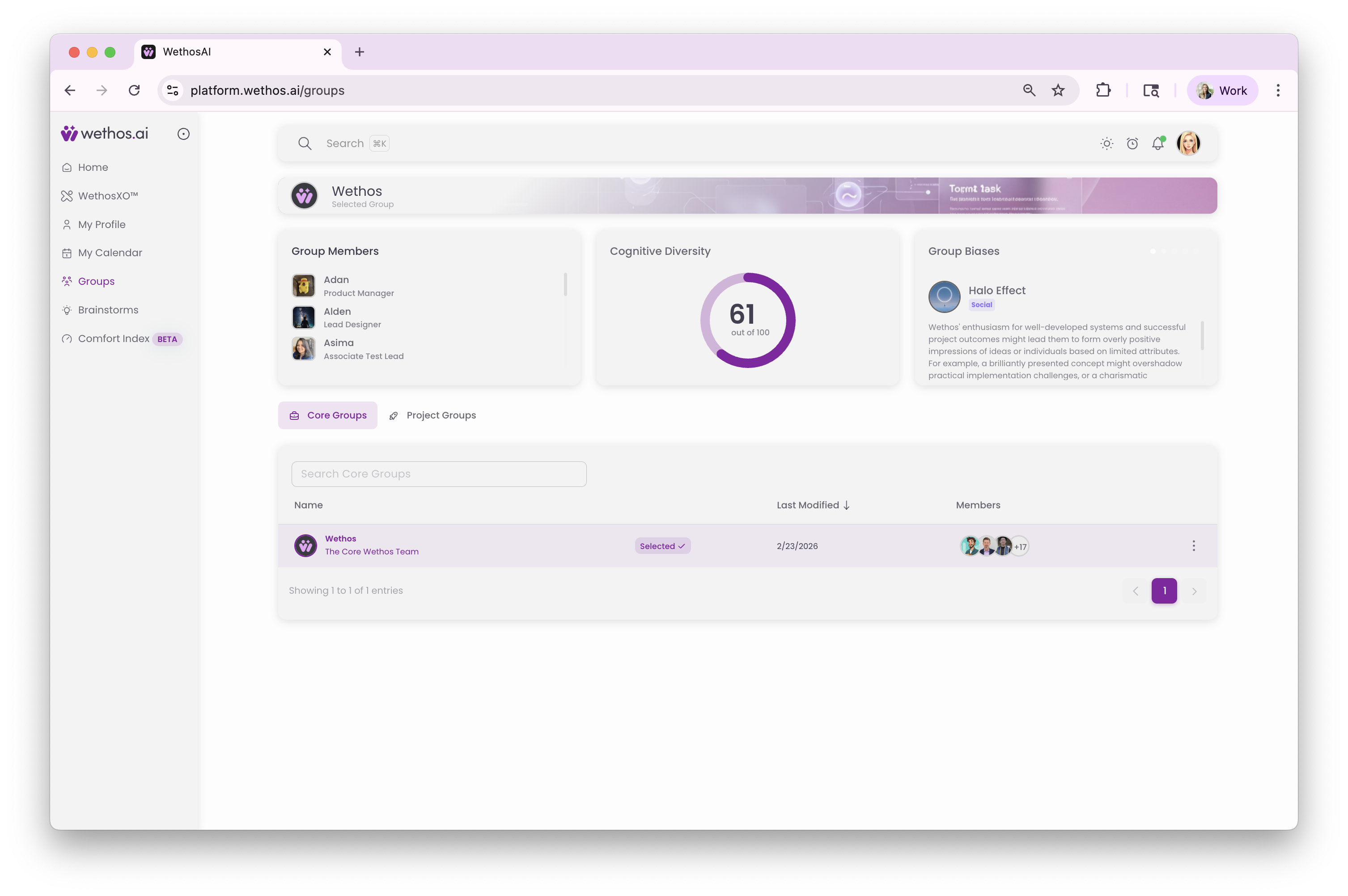 A group's Overview page, with its members and the list of its Brainstorms