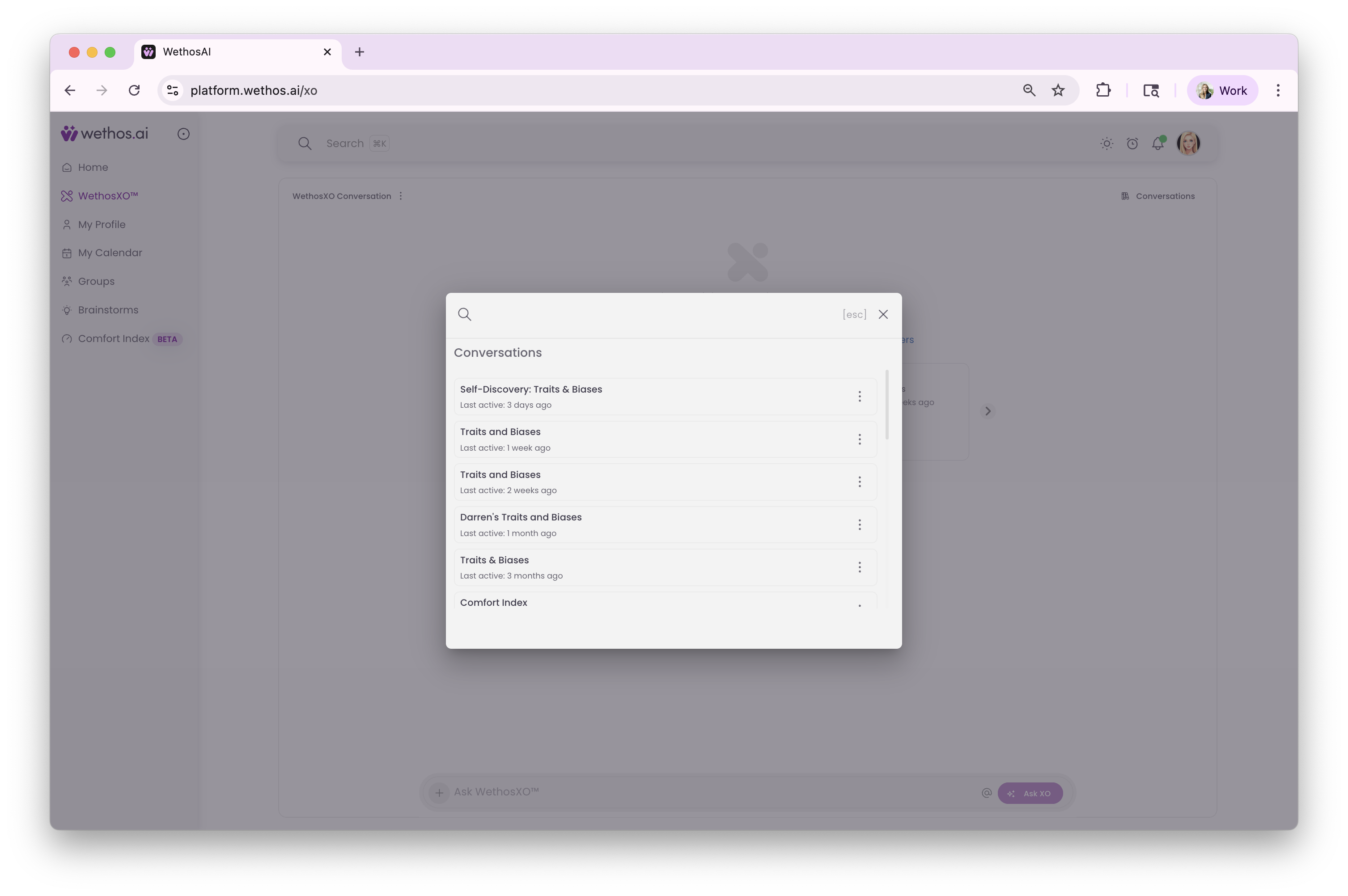 The Conversations list, opened from XO in the left-hand menu