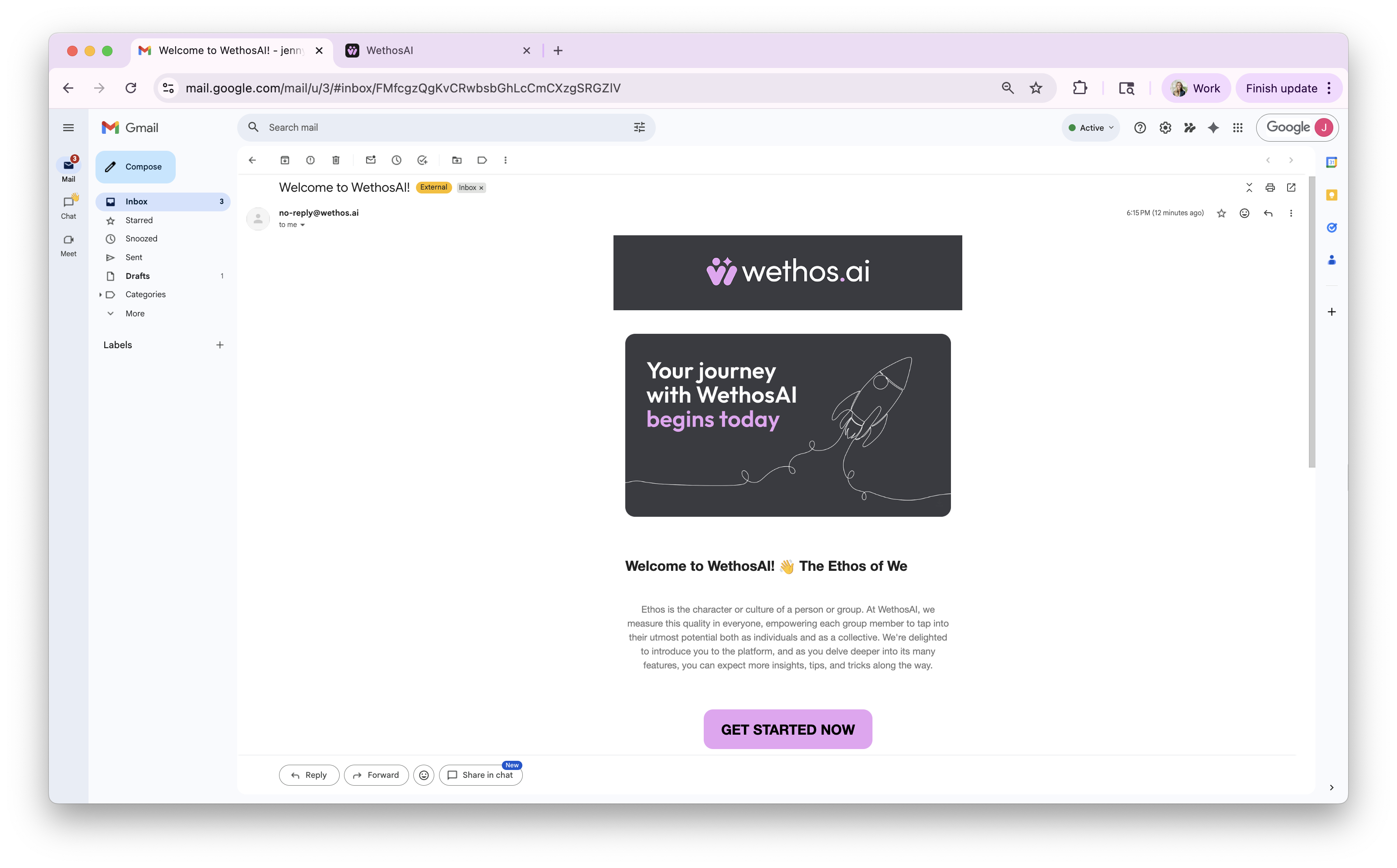 The welcome email with the Get Started Now button